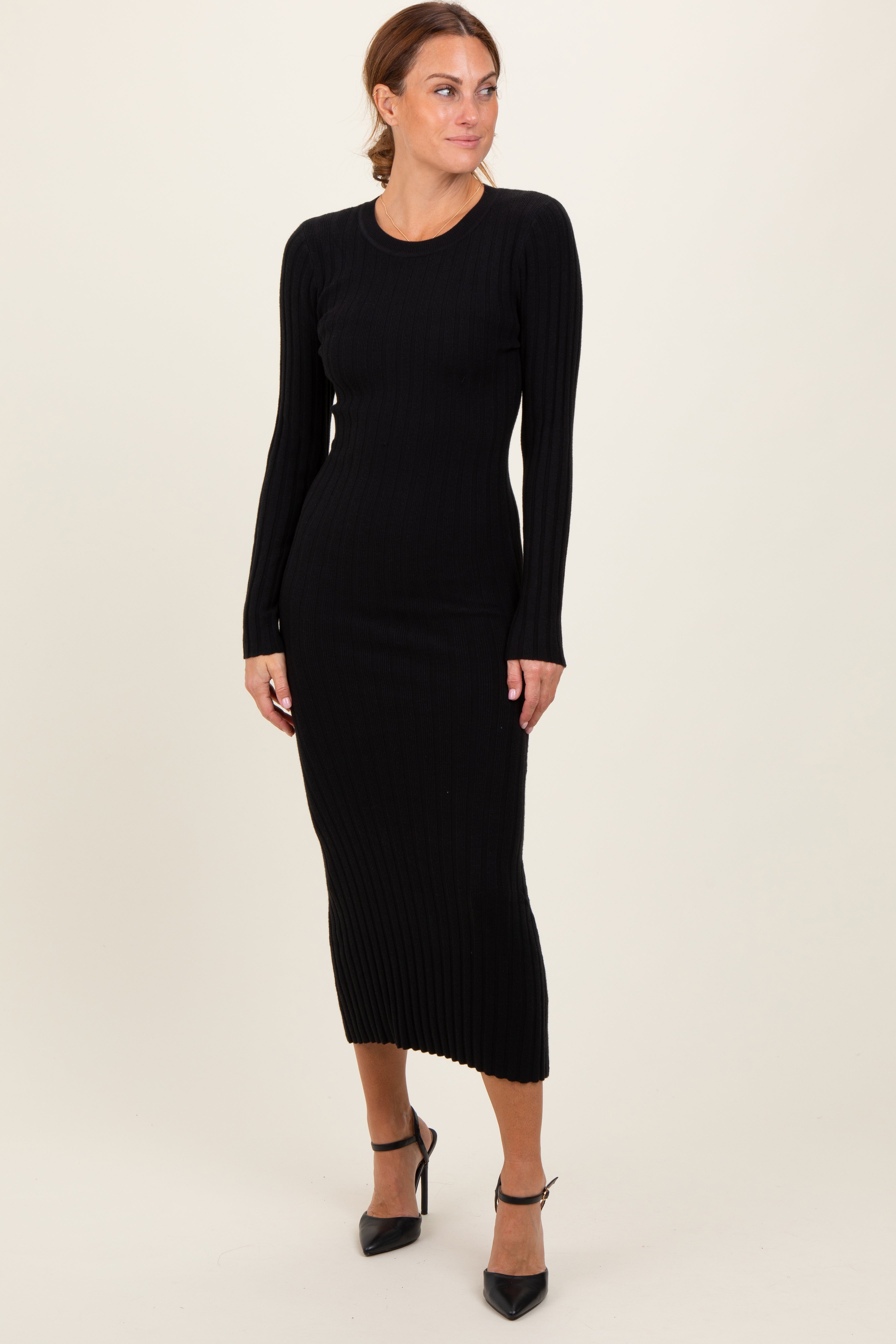 point sur ribbed long sleeve midi sweater dress Black Knit Fitted low-stock-non-evergreen Full Long Sleeve Wedding Color:gold black bowtie Long sleeves.
