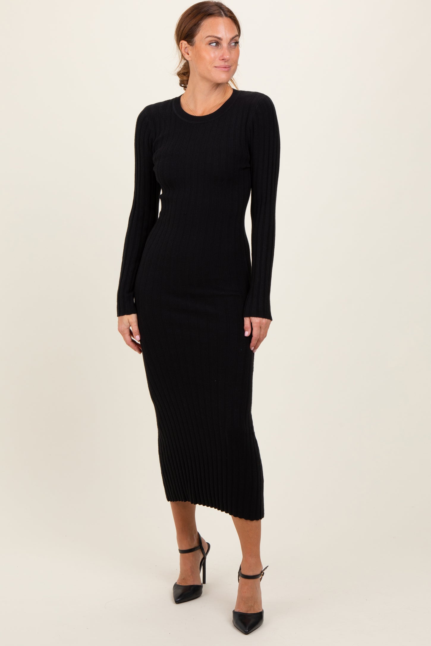 Black Ribbed Knit Fitted Midi Sweater Dress Black Ribbed Knit Fitted Midi Sweater Dress