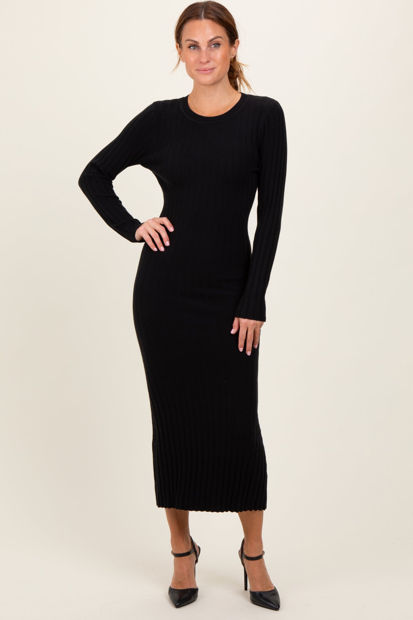 Black Ribbed Knit Fitted Midi Sweater Dress PinkBlush Black Ribbed Knit Fitted Midi Sweater Dress PinkBlush