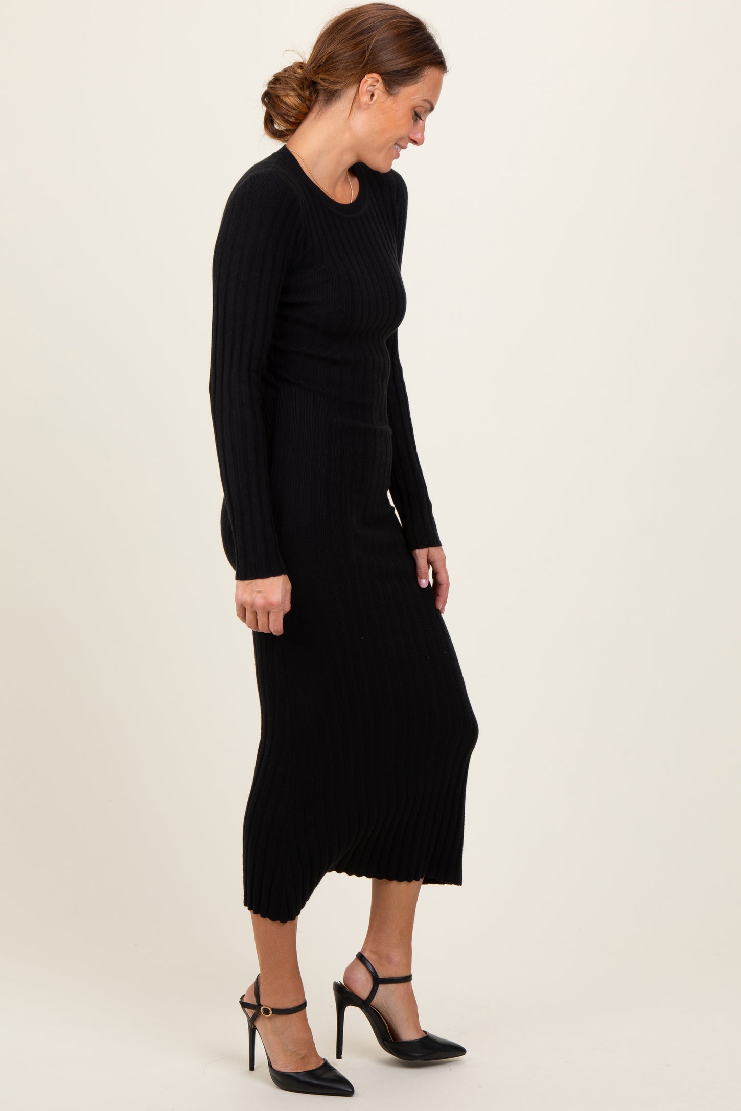 black knit sweater dress Black Ribbed Knit Fitted Midi Sweater Dress