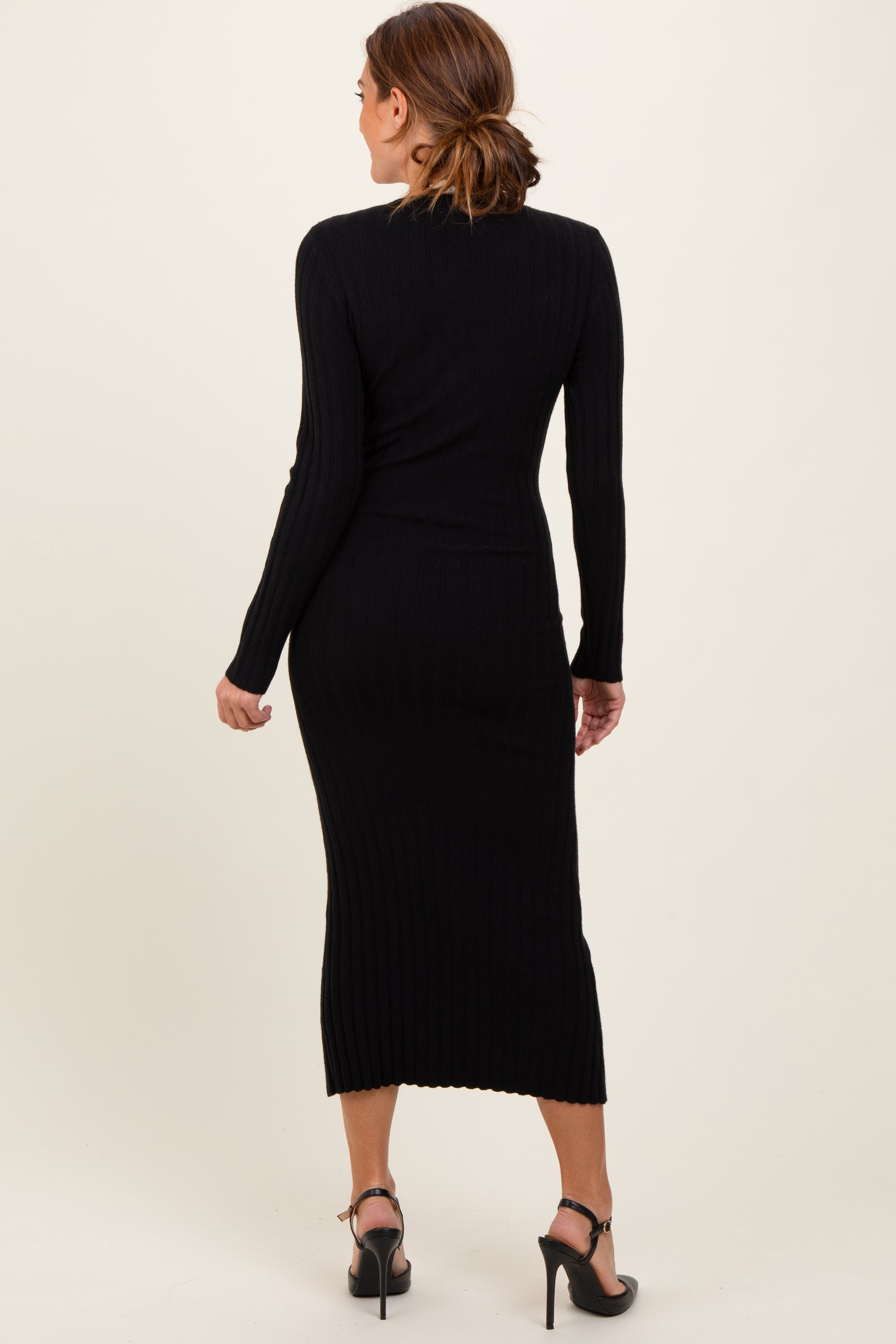 Black Ribbed Knit Fitted Midi Sweater Dress – PinkBlush