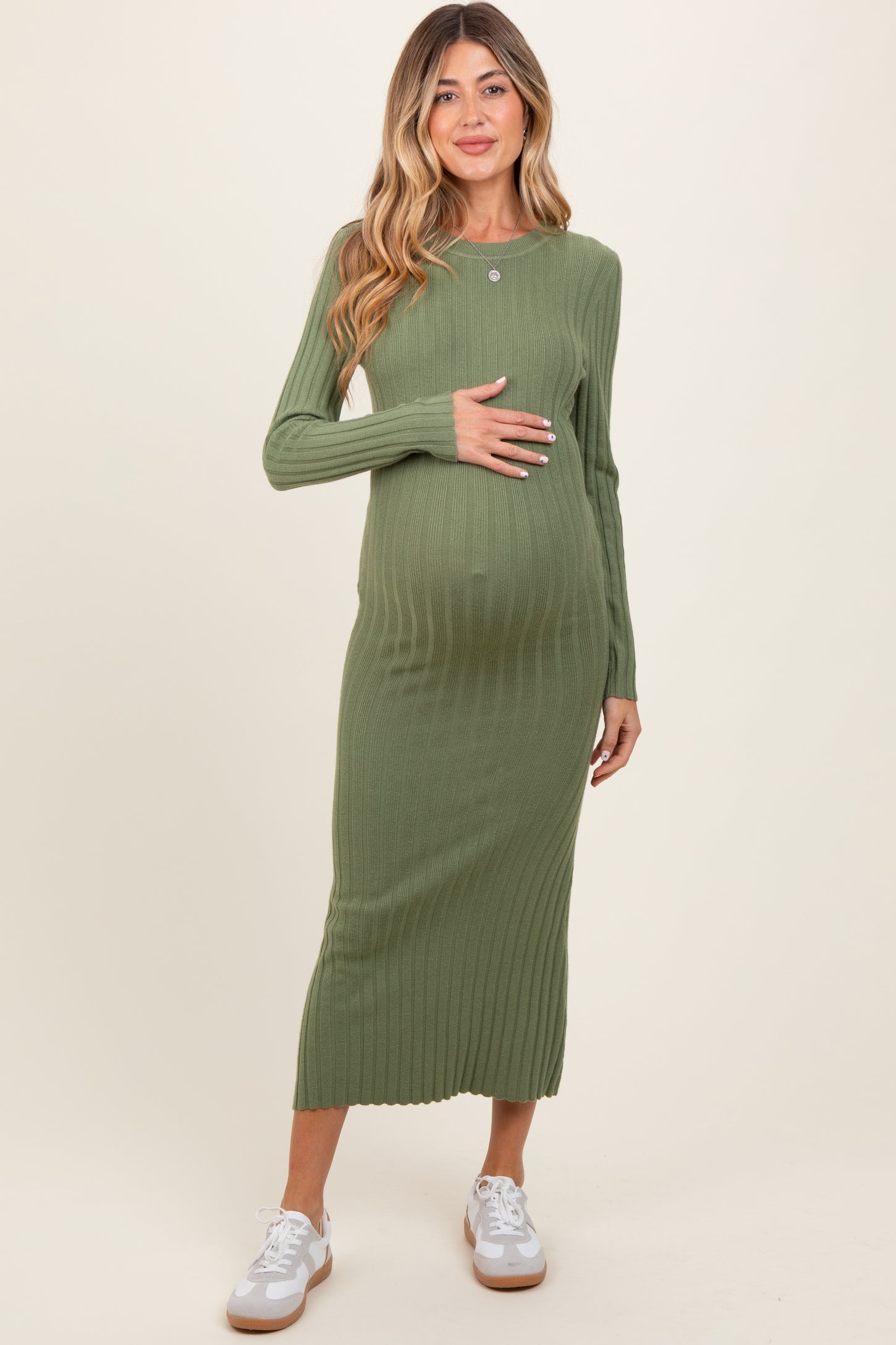 Olive Ribbed Knit Fitted Maternity Midi Sweater Dress – PinkBlush