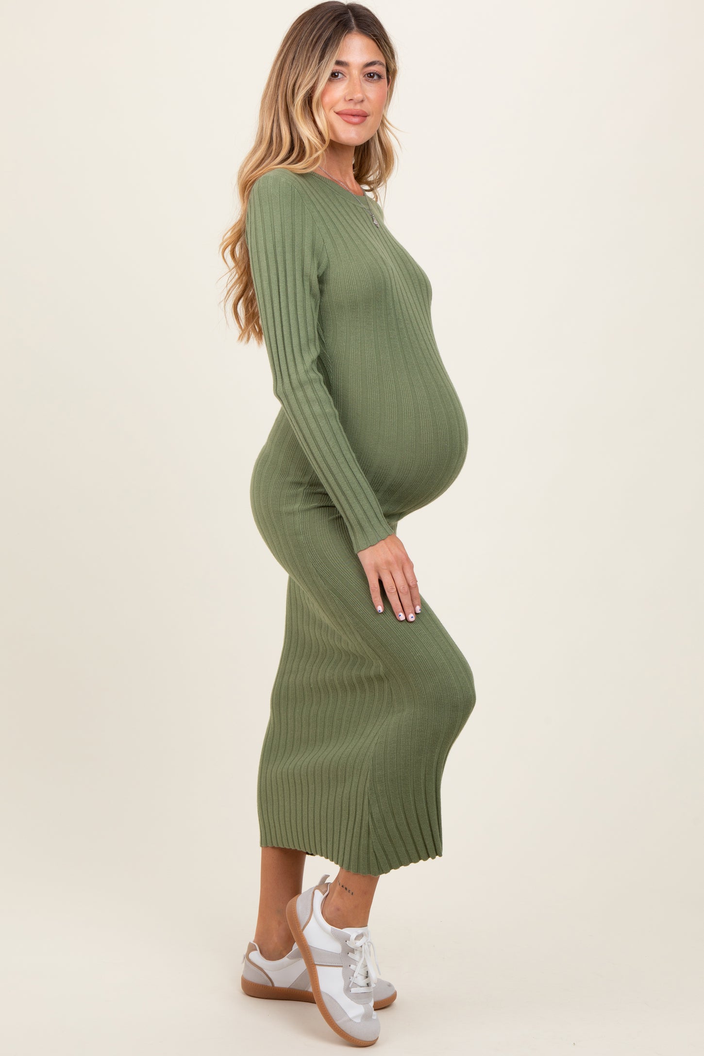 Olive Ribbed Knit Fitted Maternity Midi Sweater Dress PinkBlush Olive Ribbed Knit Fitted Maternity Midi Sweater Dress PinkBlush