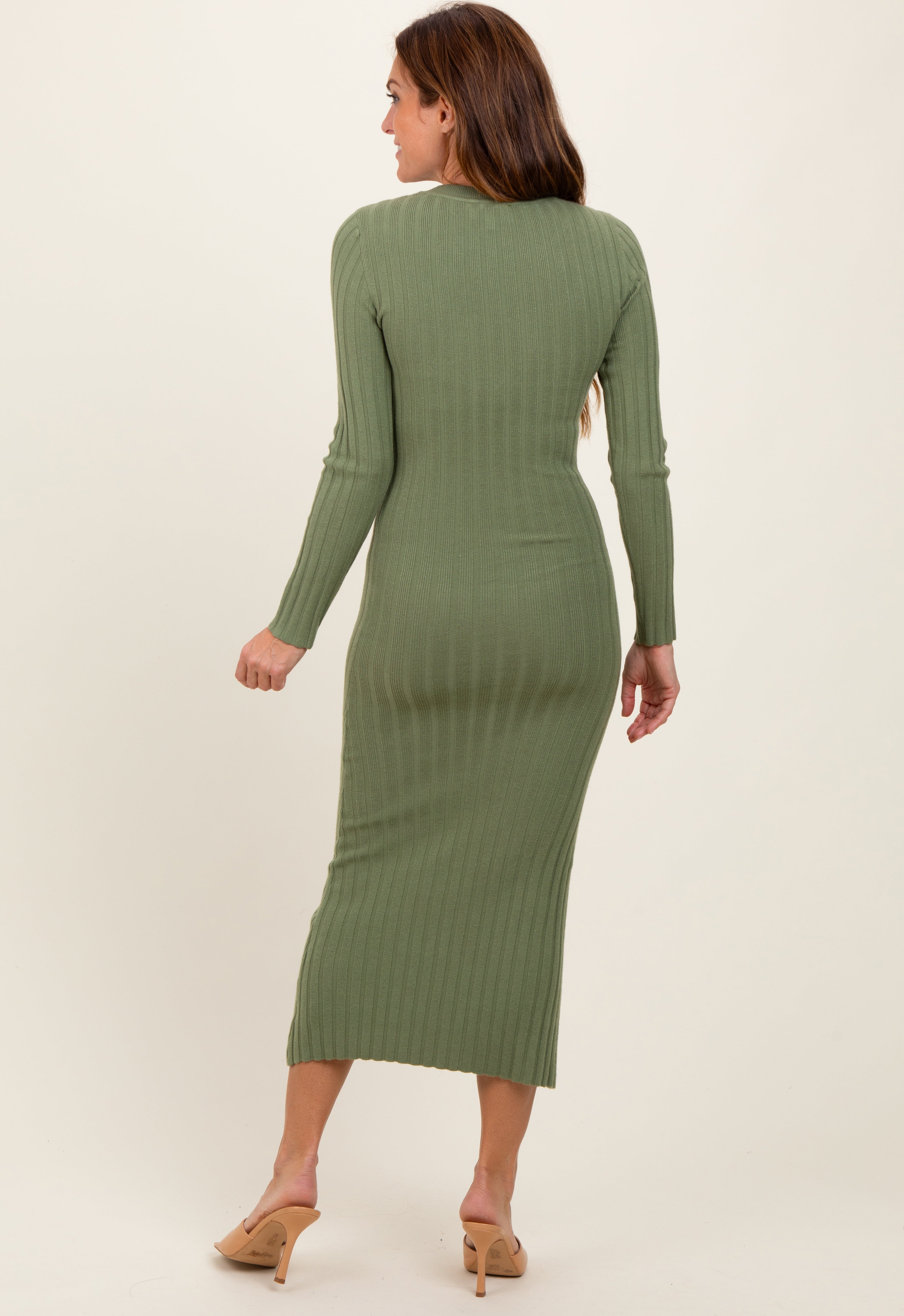 point sur ribbed long sleeve midi sweater dress Olive Knit Fitted Color:Green Multi Black Girl Homecoming Dress worthy style YCW0315