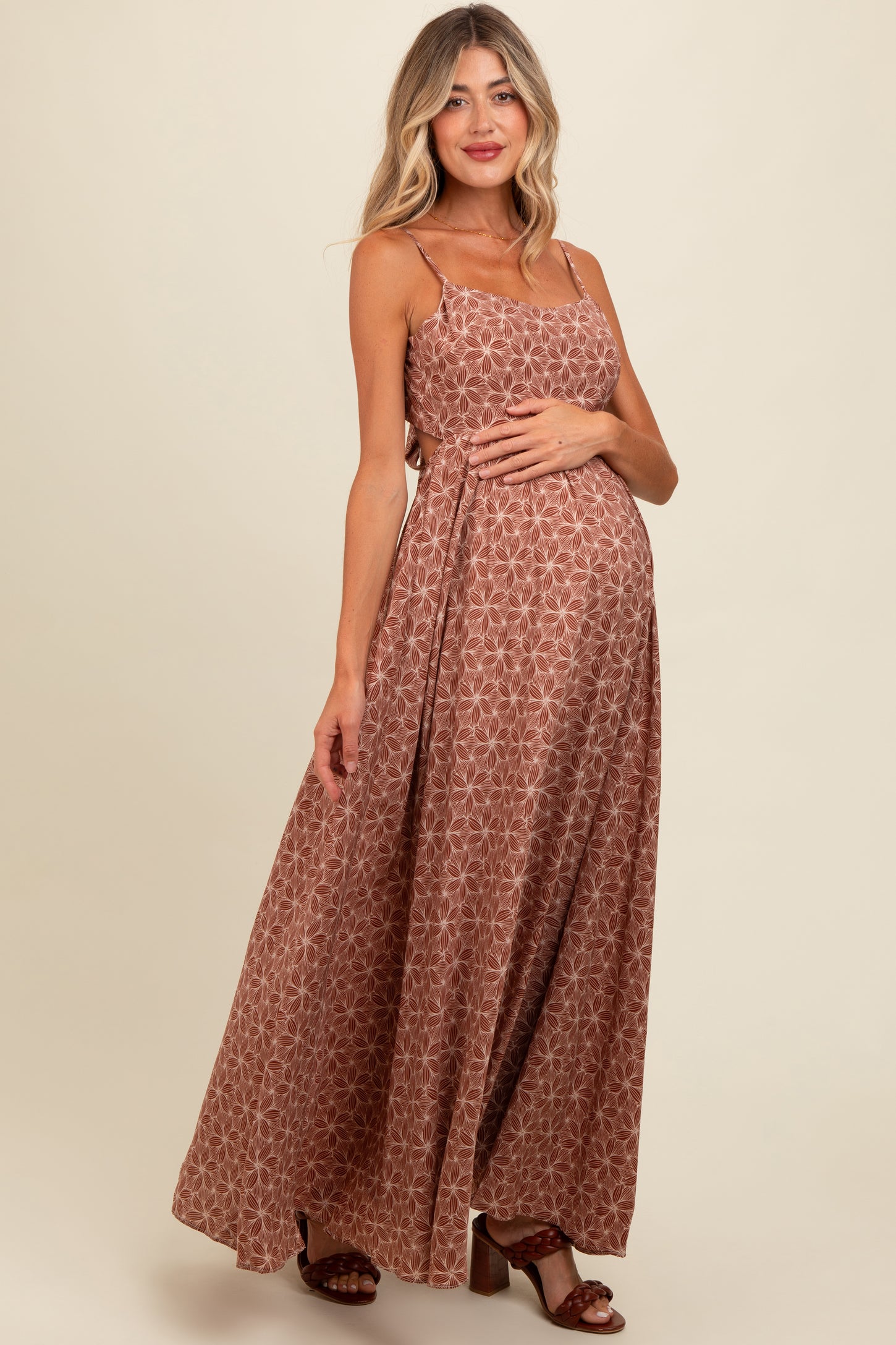 maternity maxi dress formal Oatmeal Short Sleeve V-Neck Maternity Maxi Dress