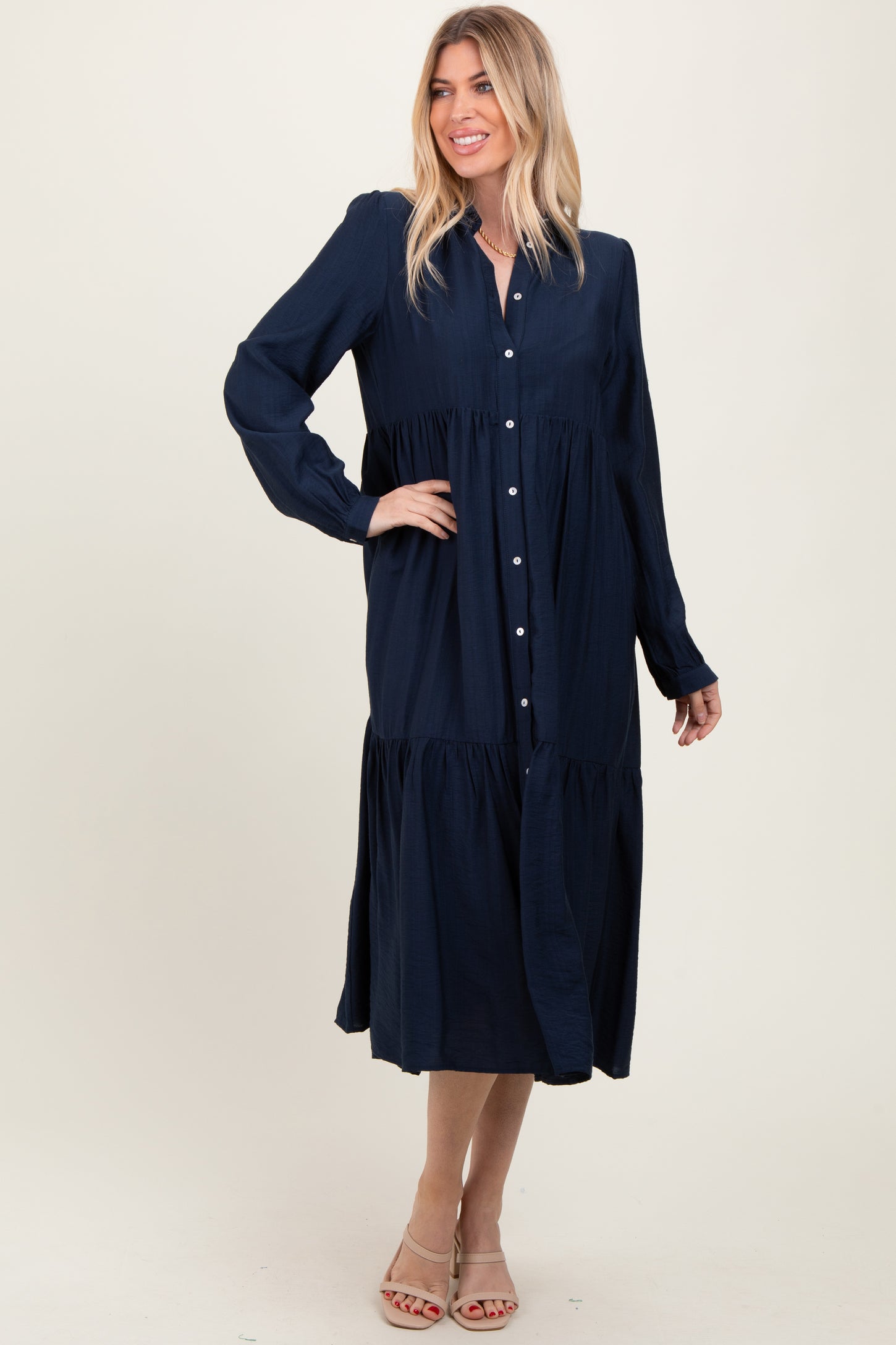 Navy Button Down Long Sleeve Midi Shirt Dress PinkBlush Navy Button Down Long Sleeve Midi Shirt Dress PinkBlush