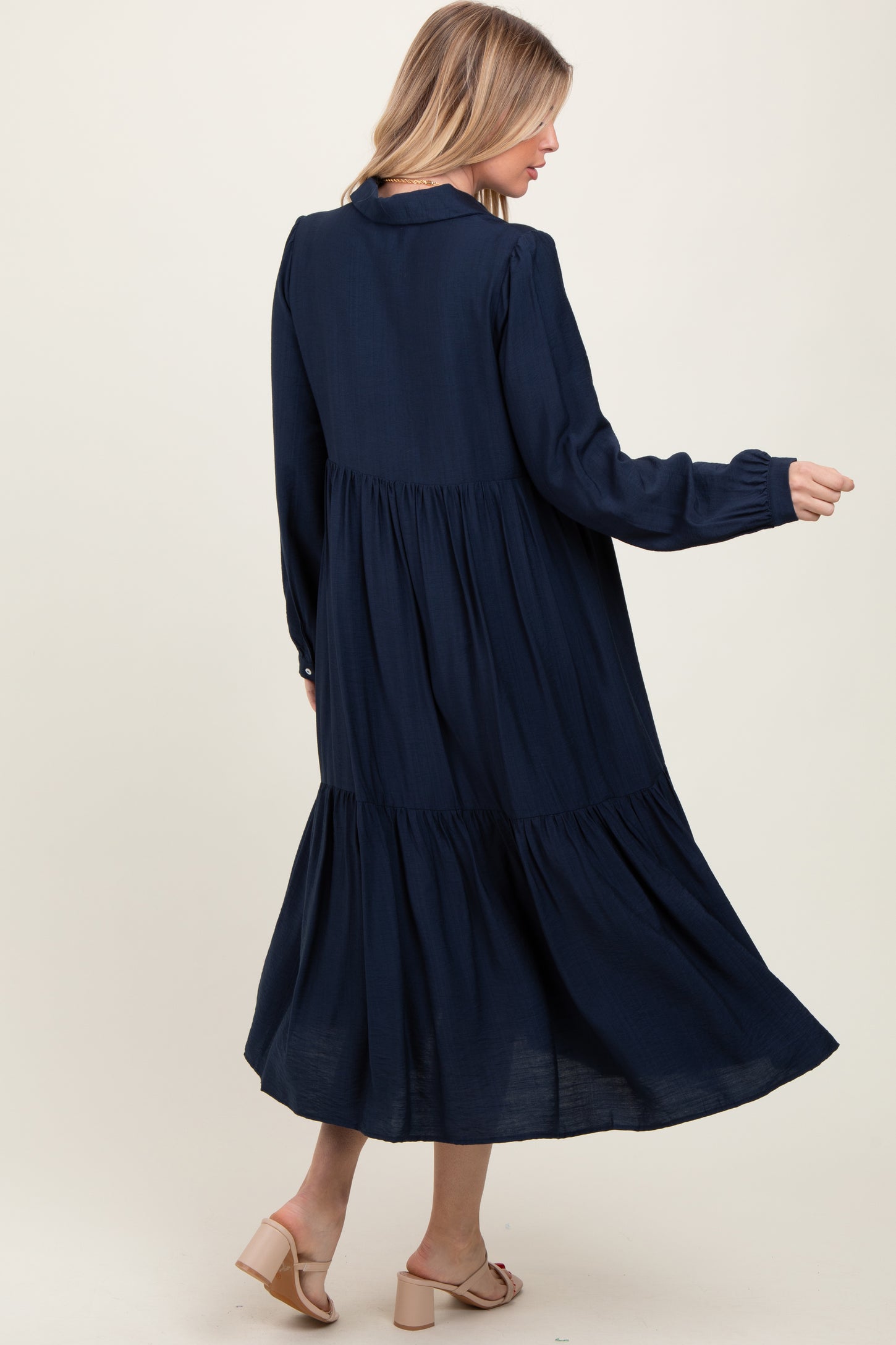 navy shirt dress midi COS Women's Gathered Washed- Midi Shirt Dress in Navy | Silk
