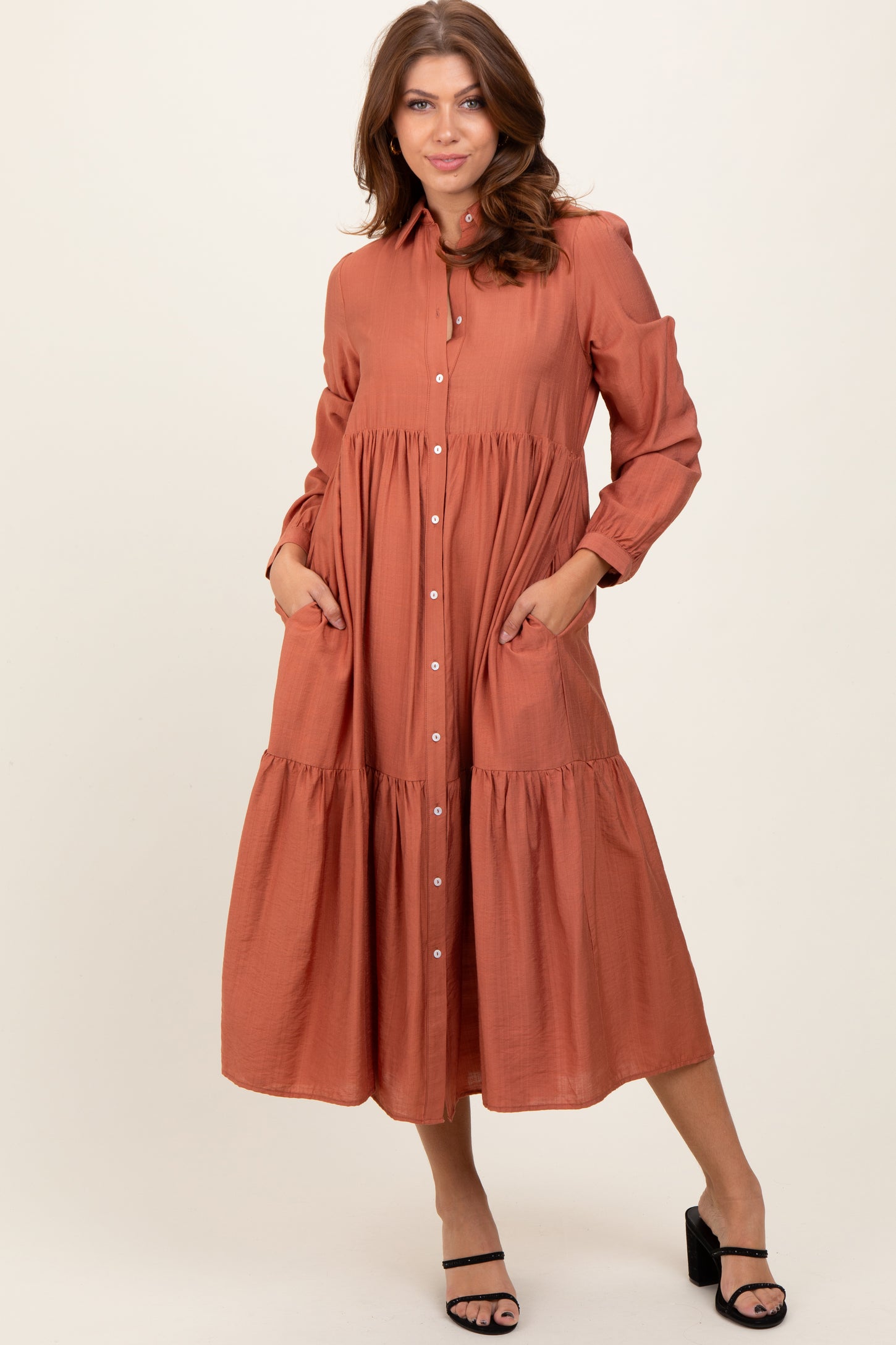 rust long sleeve midi dress Long Sleeve Day Gown - MIDI