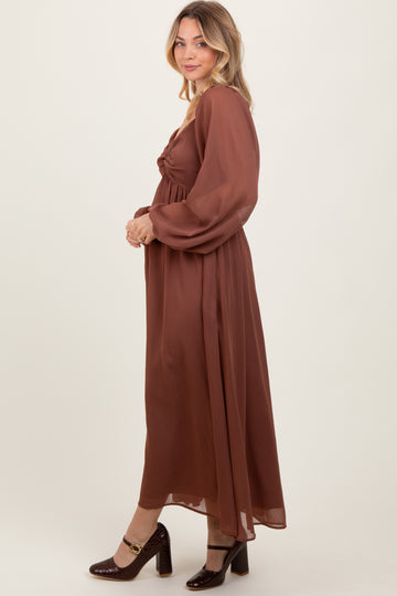 Mocha Chiffon Twisted Front Midi Dress