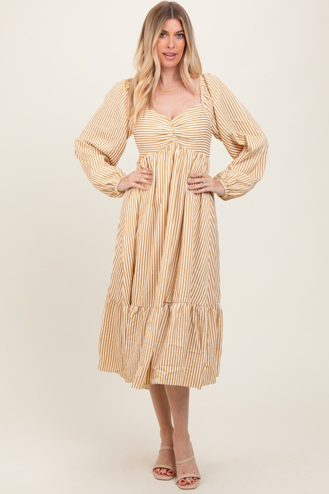 Yellow Striped Ruched Bodice Balloon Sleeved Maternity Midi Dress