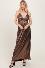 Brown Metallic Deep V-Neck Cutout Tie Back Maxi Dress