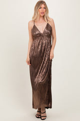 Brown Metallic Deep V-Neck Cutout Tie Back Maxi Dress