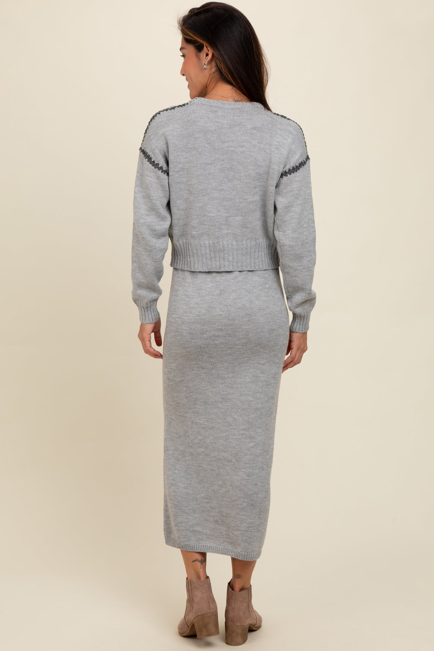 Heather Grey Contrast Stitch Knit Sweater And Maxi Skirt Set PinkBlush Heather Grey Contrast Stitch Knit Sweater And Maxi Skirt Set PinkBlush