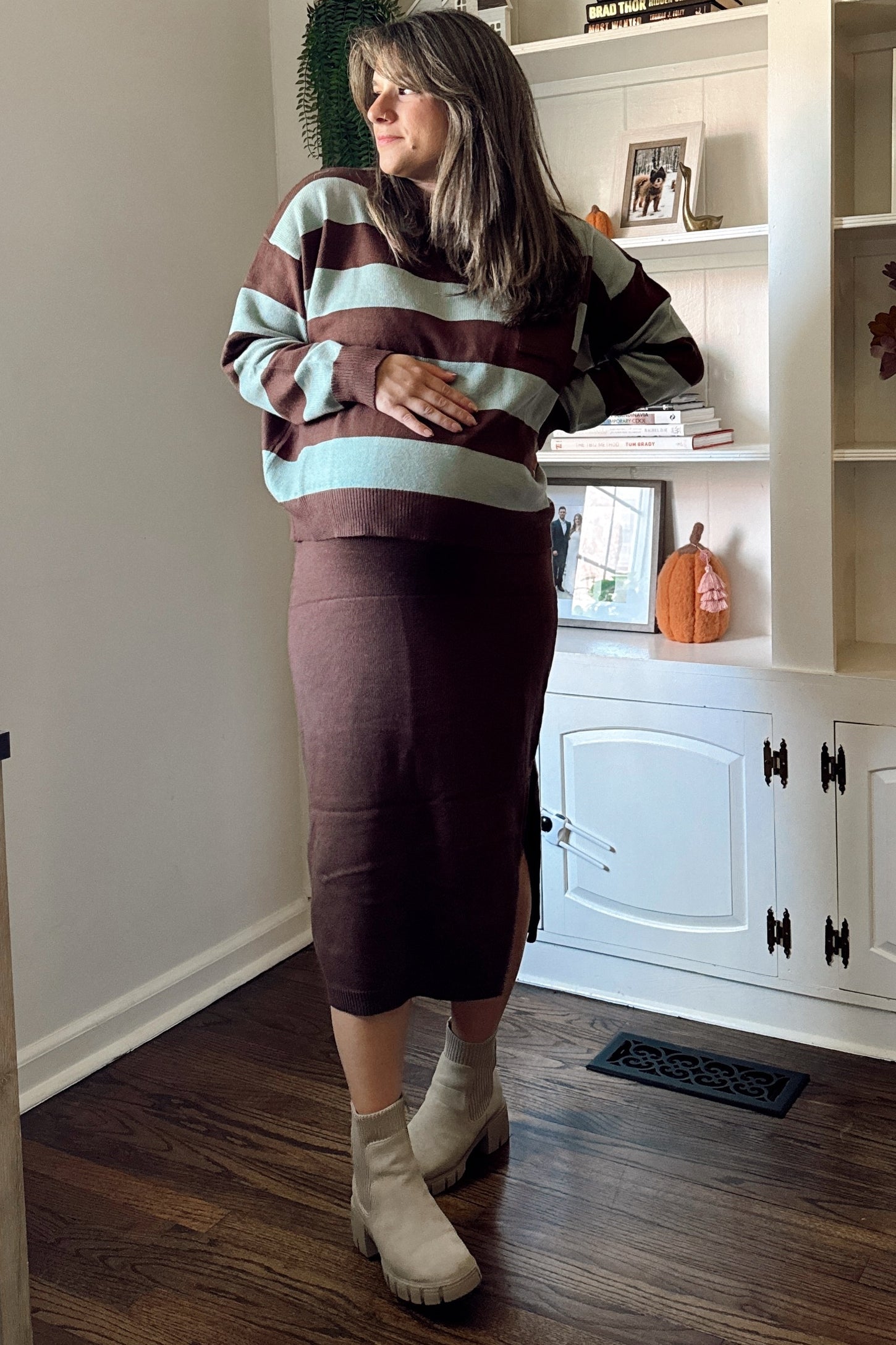 Brown Striped Sweater And Fitted Midi Skirt Maternity Set