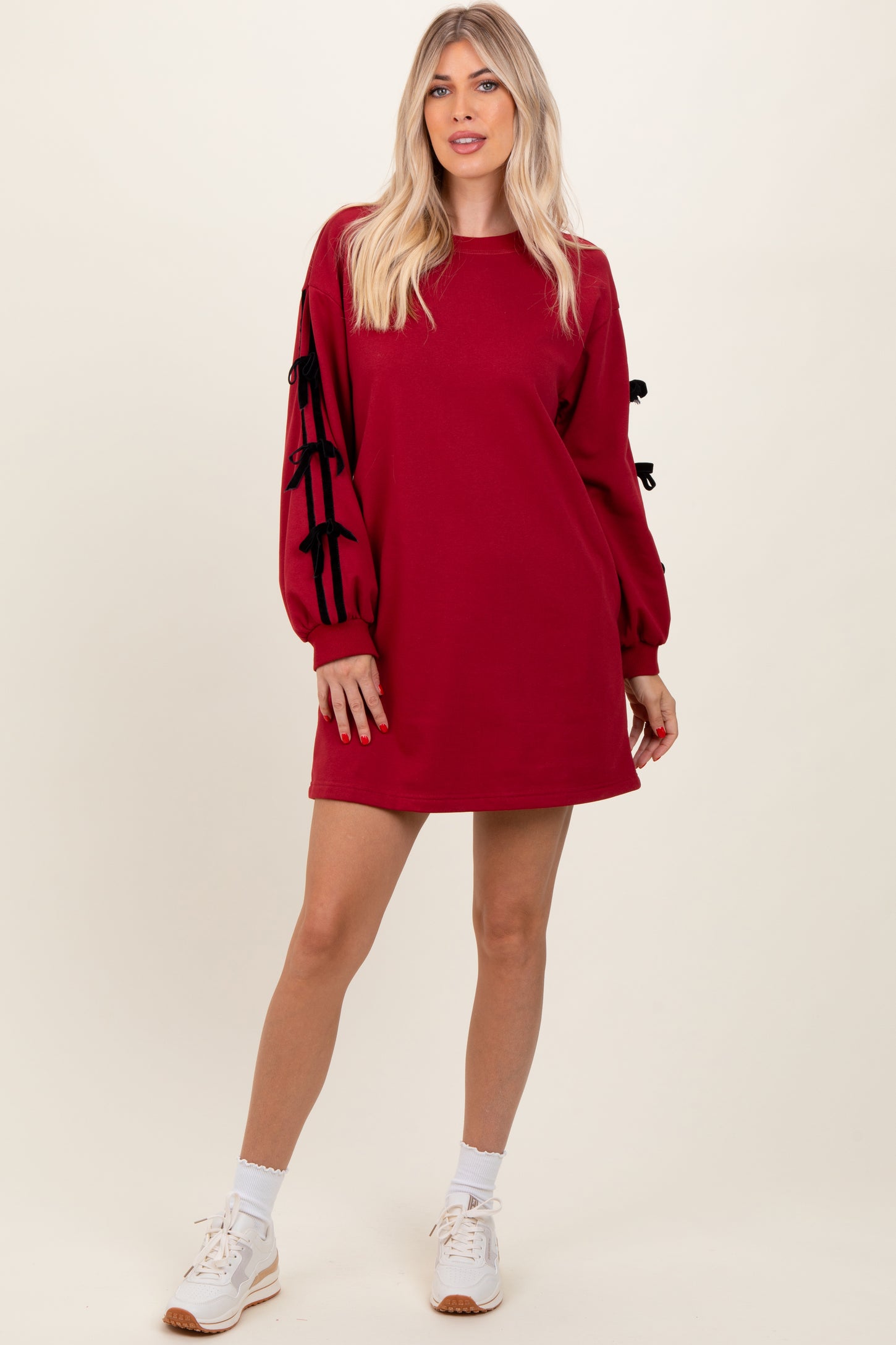 Red Bow Detail Long Sleeve Sweatshirt Mini Dress PinkBlush Red Bow Detail Long Sleeve Sweatshirt Mini Dress PinkBlush