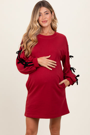 Red Bow Detail Long Sleeve Sweatshirt Maternity Mini Dress