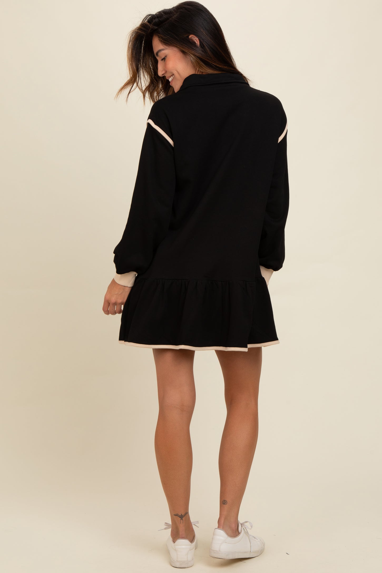 Black Half Zip Ruffle Drop Hem Mini Dress PinkBlush Black Half Zip Ruffle Drop Hem Mini Dress PinkBlush