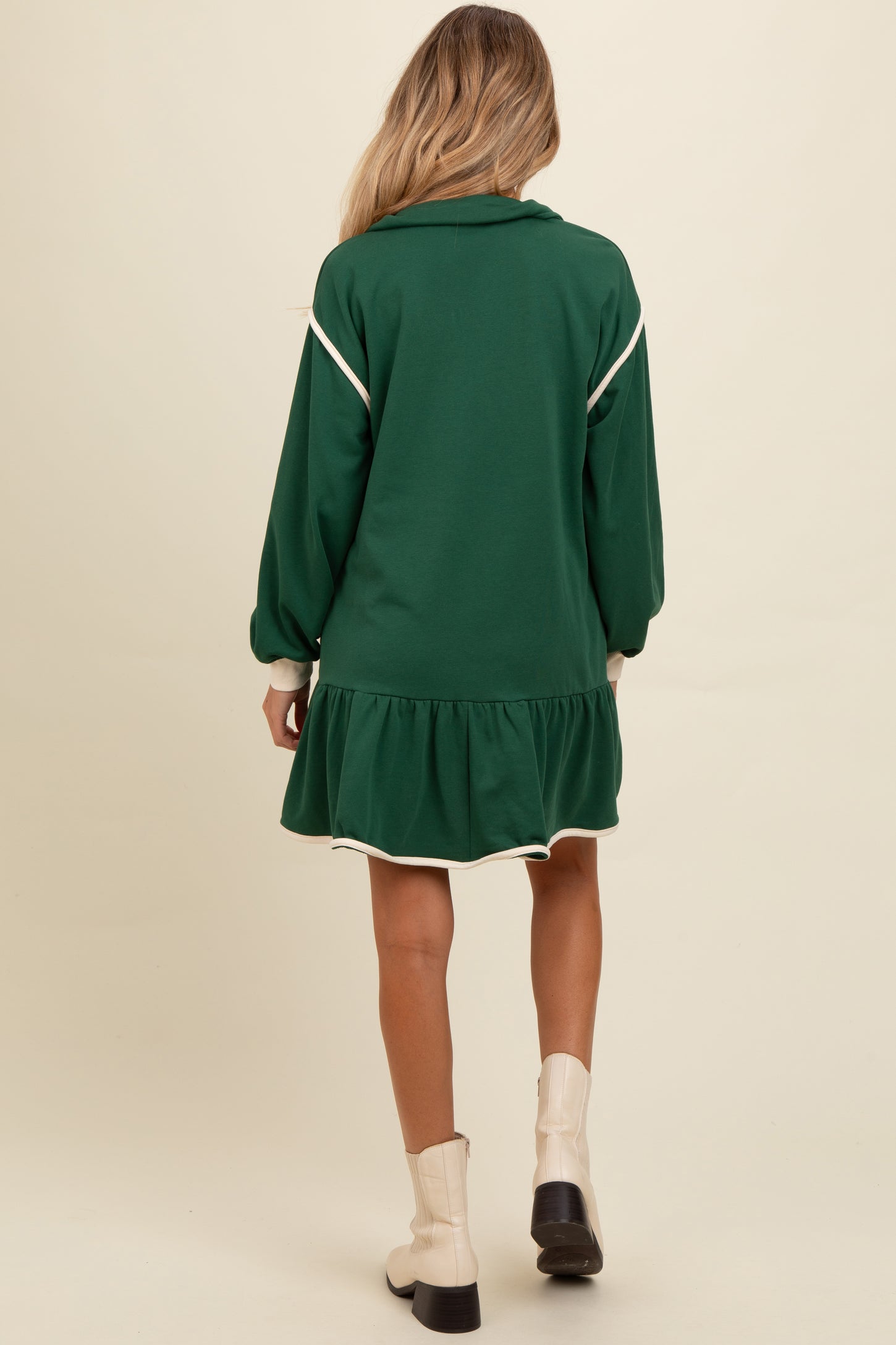Forest Green Half Zip Ruffle Drop Hem Maternity Mini Dress