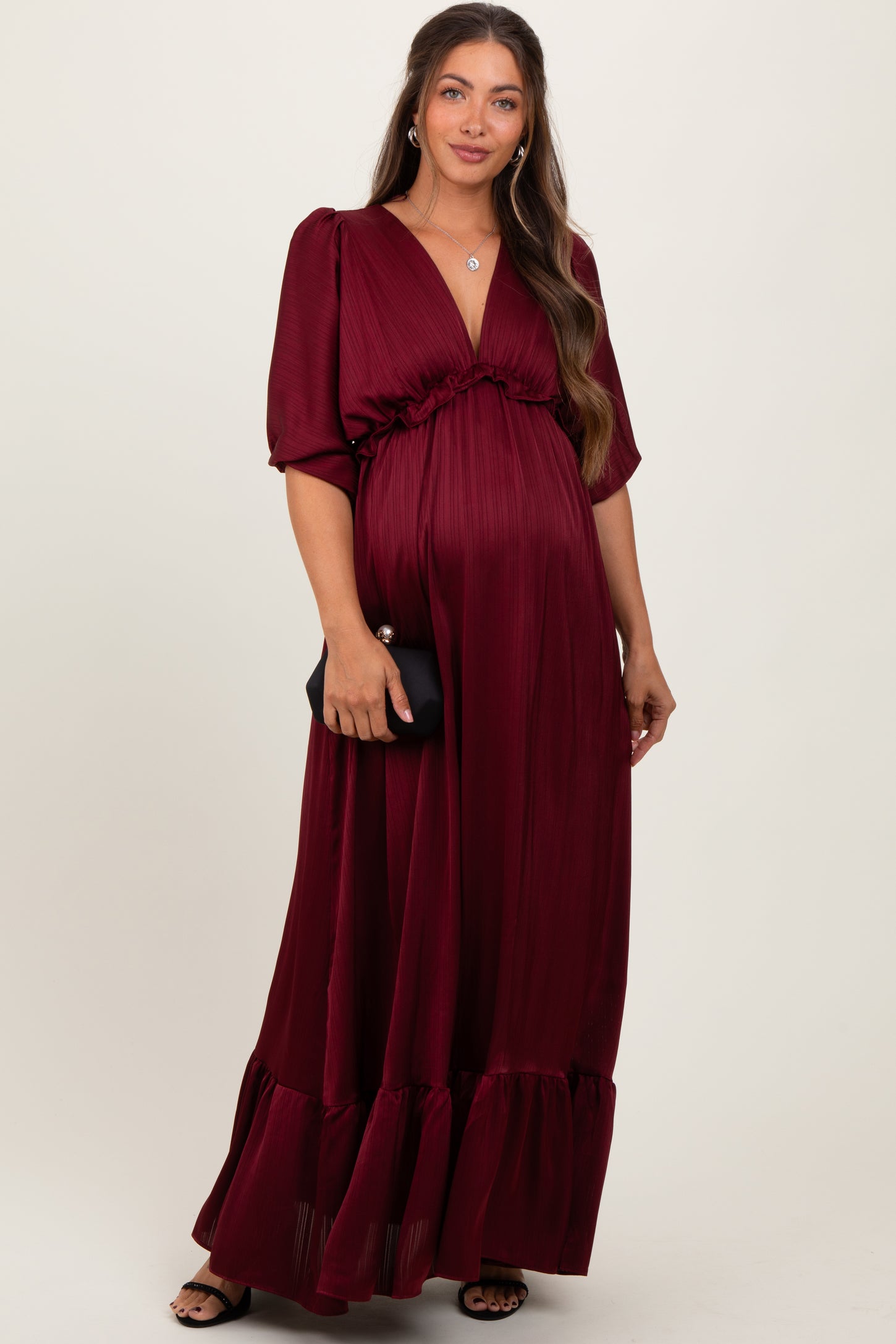Burgundy Striped Ruffle Accent Maternity Maxi Dress Burgundy Striped Ruffle Accent Maternity Maxi Dress