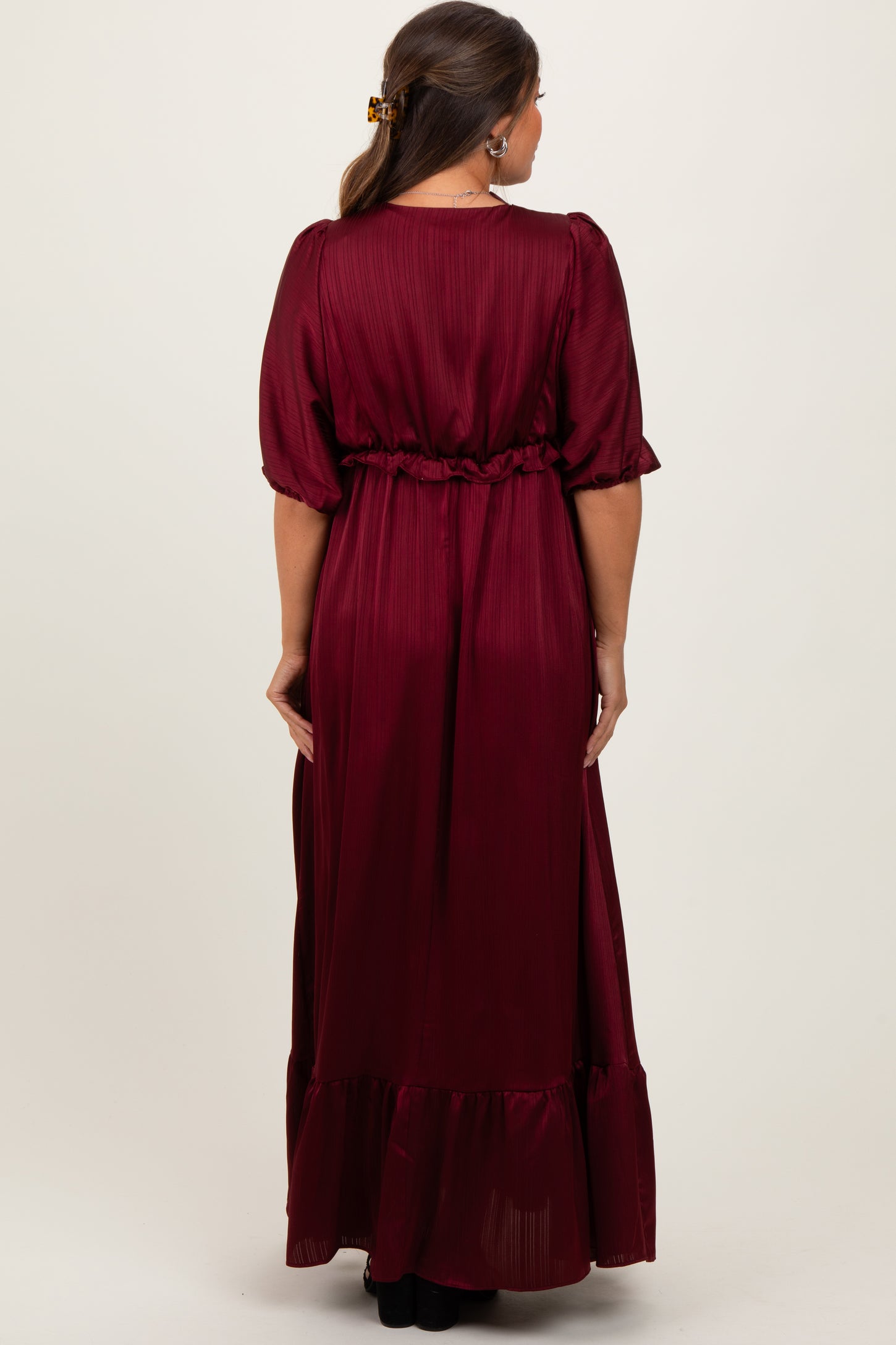 Burgundy Striped Ruffle Accent Maternity Maxi Dress Burgundy Striped Ruffle Accent Maternity Maxi Dress