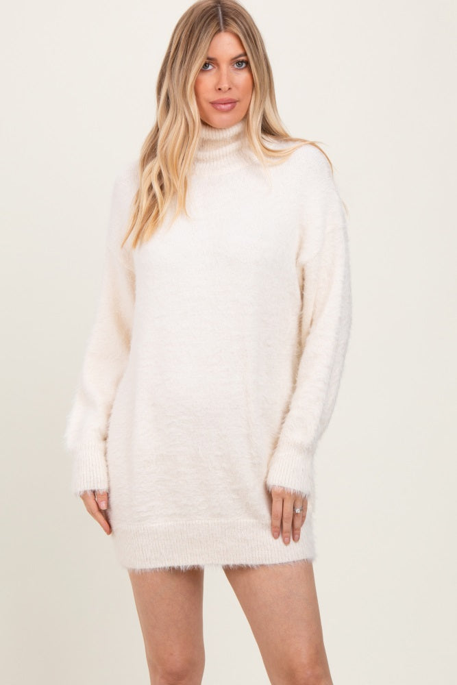 Cream Fuzzy Knit Turtleneck Sweater Mini Dress – PinkBlush