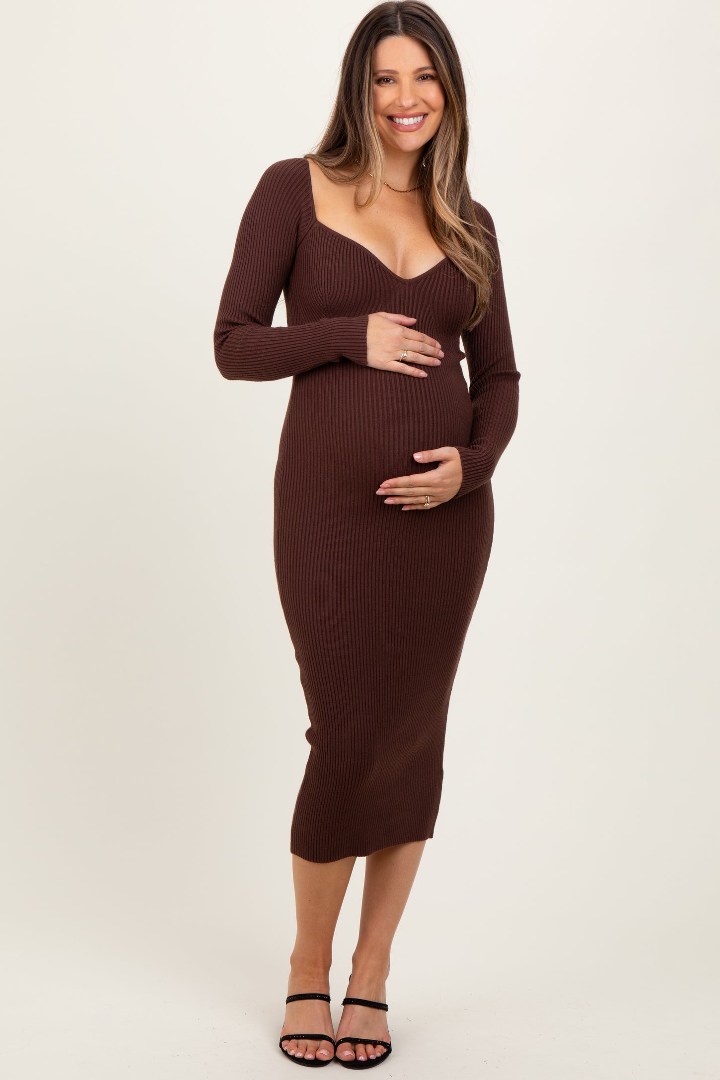 Brown Deep V-Neck Maternity Midi Sweater Dress – PinkBlush