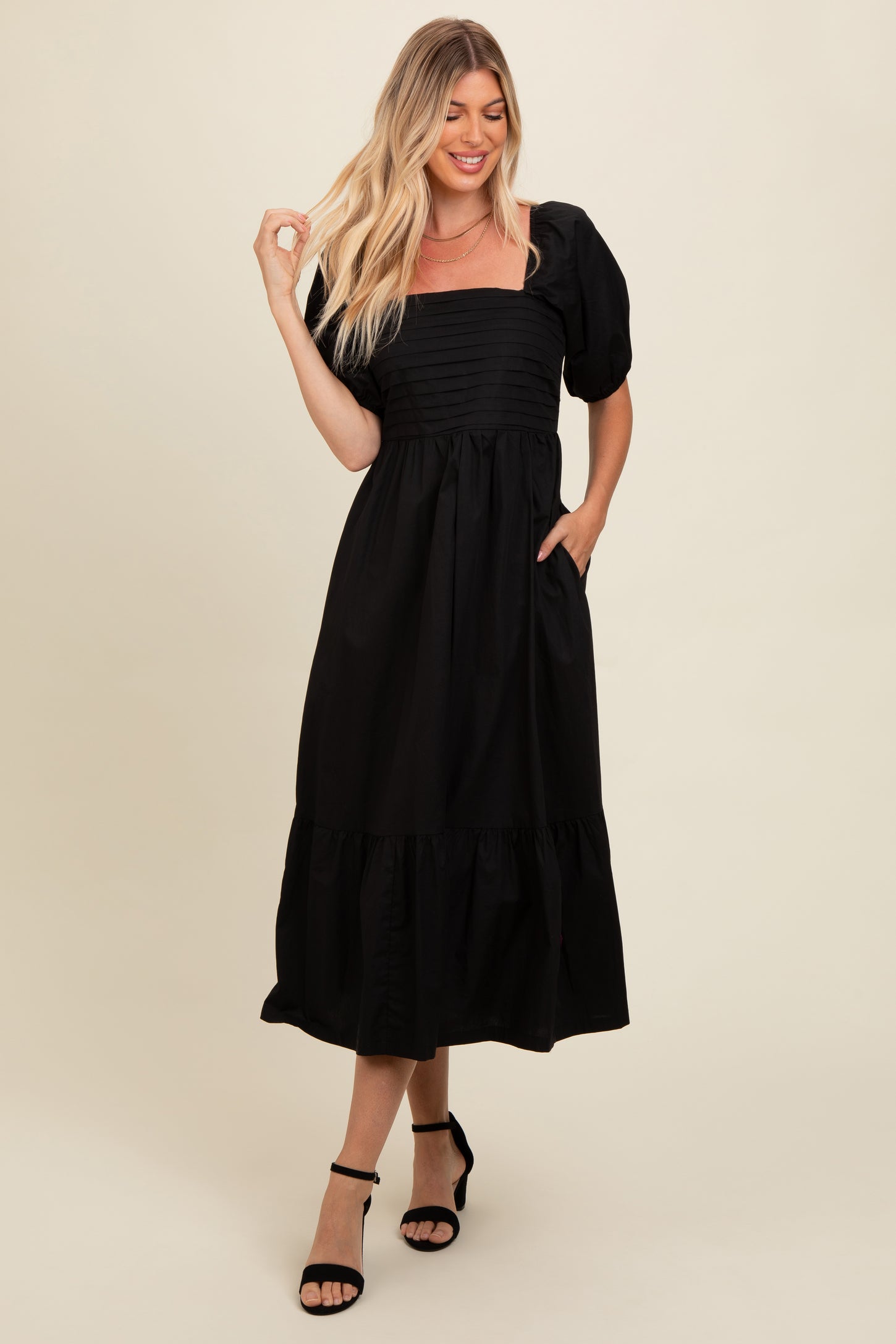 Black Pleated Bodice Puff Sleeve Maternity Midi Dress – PinkBlush Black Pleated Bodice Puff Sleeve Maternity Midi Dress – PinkBlush