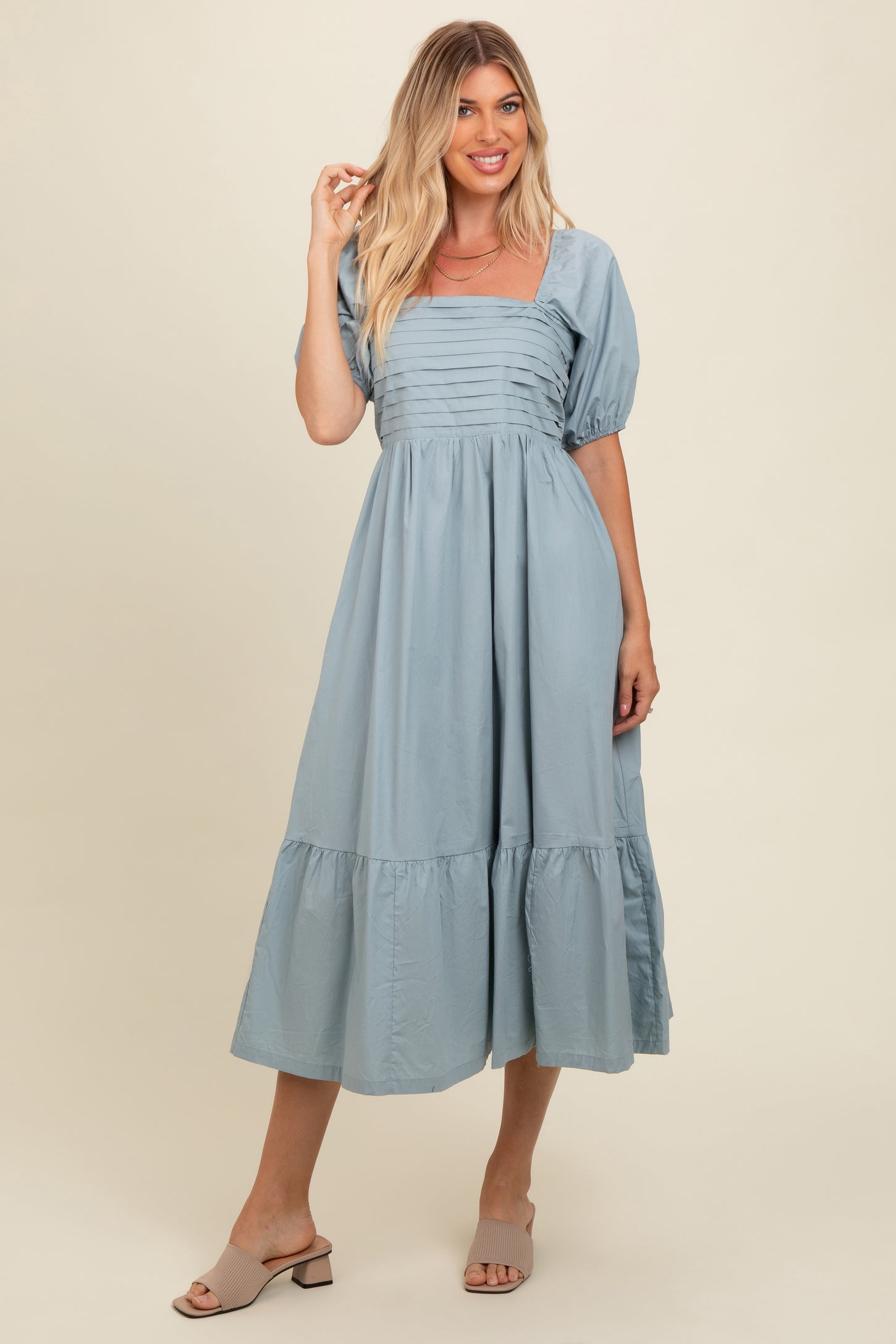 Light Blue Pleated Bodice Puff Sleeve Maternity Midi Dress