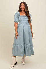 Light Blue Pleated Bodice Puff Sleeve Maternity Midi Dress