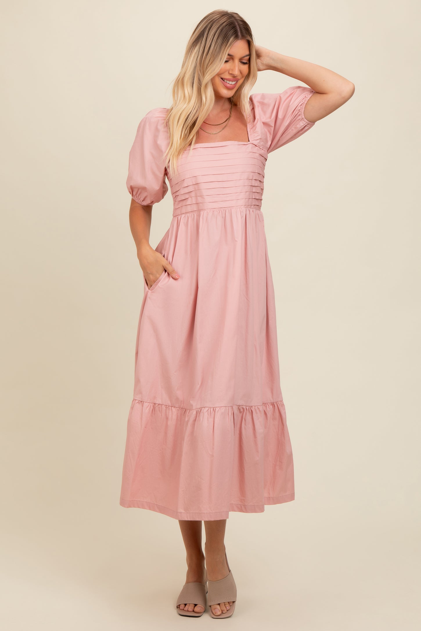 Light Pink Pleated Bodice Puff Sleeve Midi Dress PinkBlush Light Pink Pleated Bodice Puff Sleeve Midi Dress PinkBlush