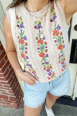 Oatmeal Embroidered Sleeveless Knit Tank Top