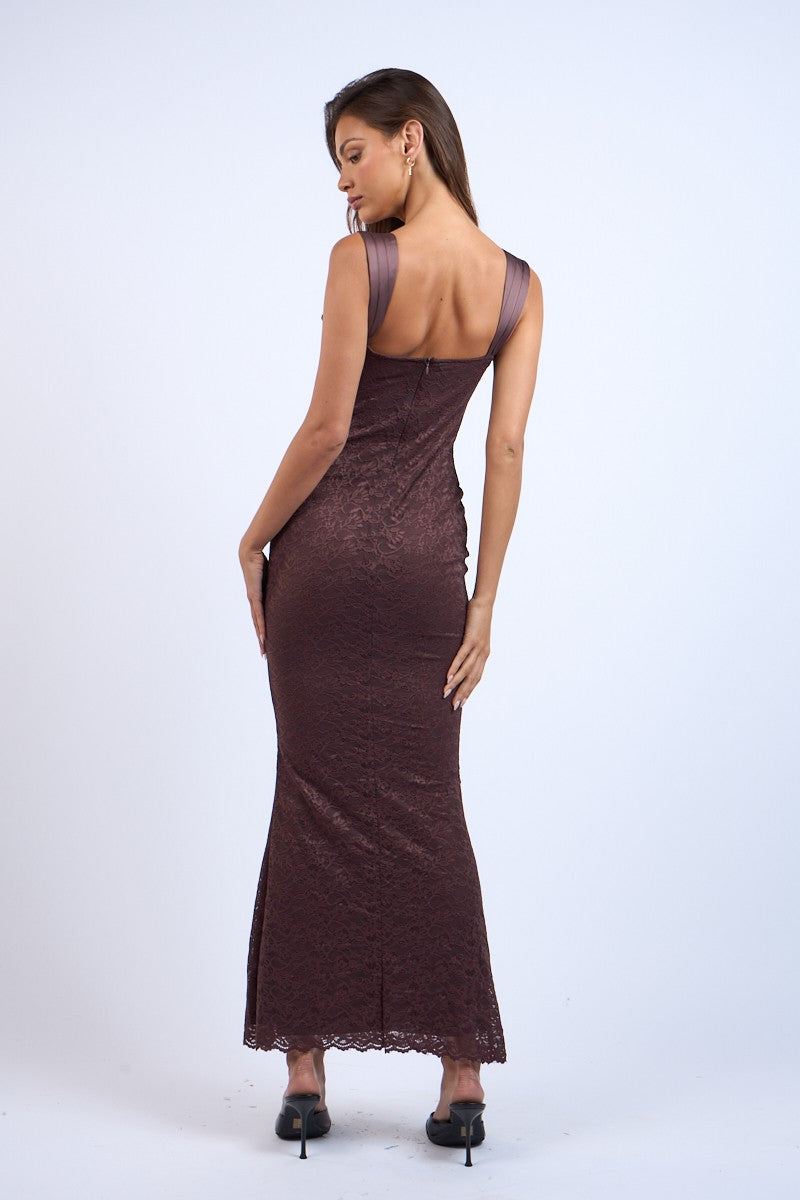 Chocolate Brown Floral Embroidered Lace Maxi Dress PinkBlush Chocolate Brown Floral Embroidered Lace Maxi Dress PinkBlush