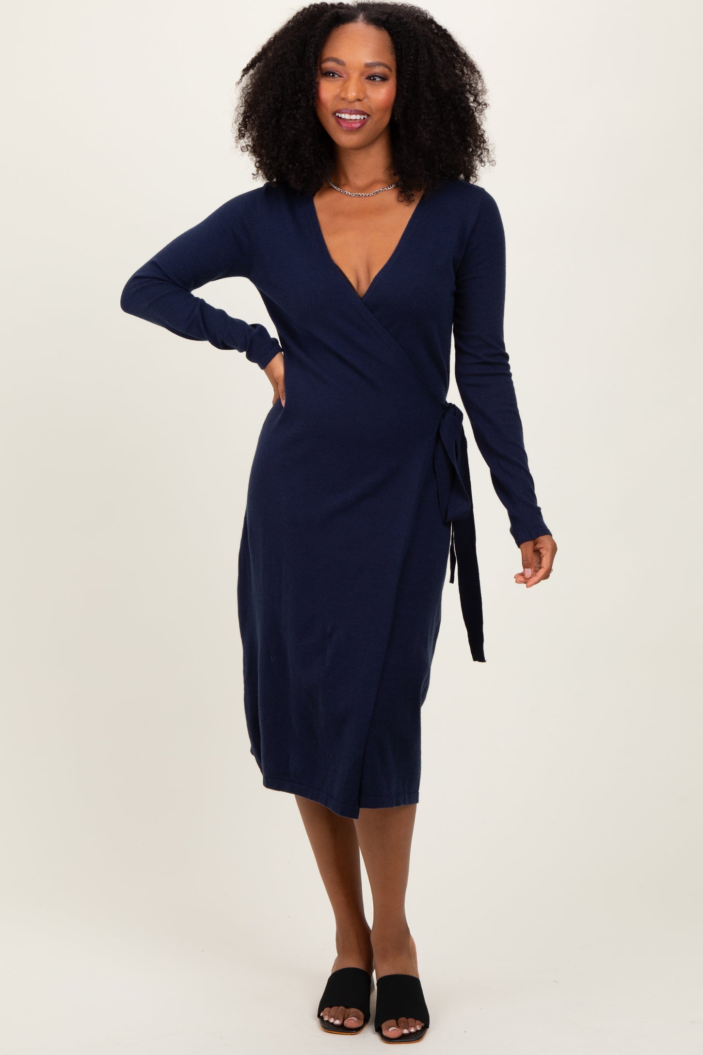 alayna long-sleeve ruffled split maxi dress product info and reviews Alayna | Navy Long-Sleeve Maxi Dress With Ruffled Split