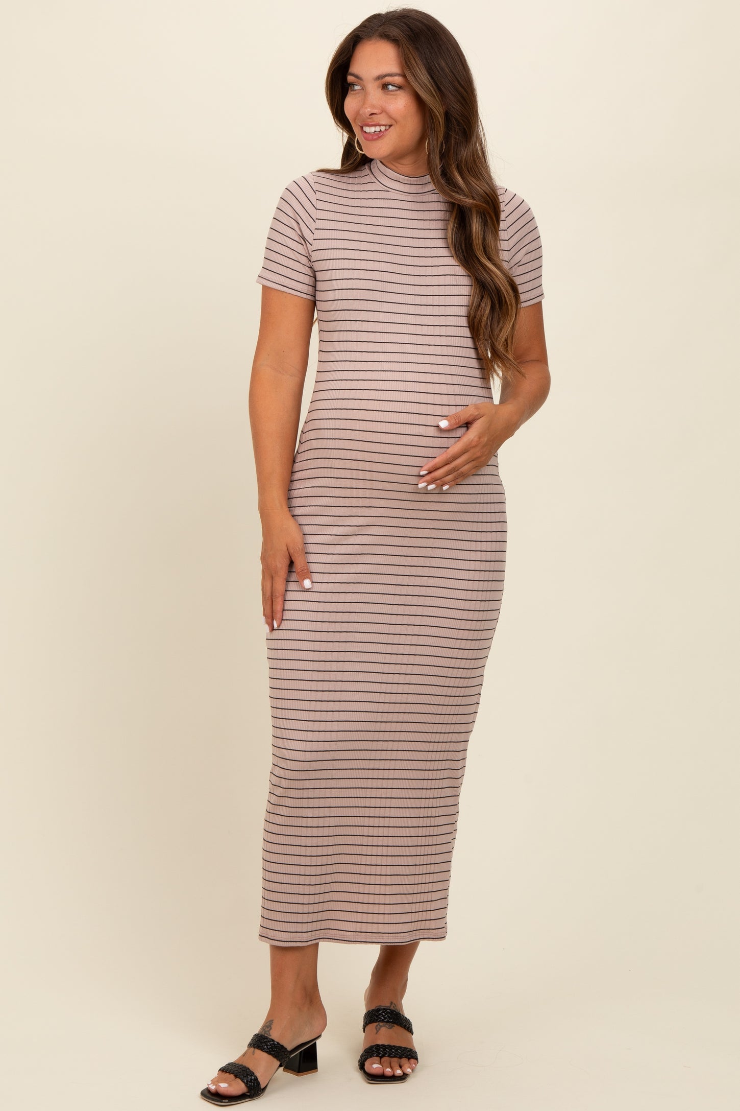 striped fitted maternity dress Red Striped Fitted Maternity Midi Tank Dress