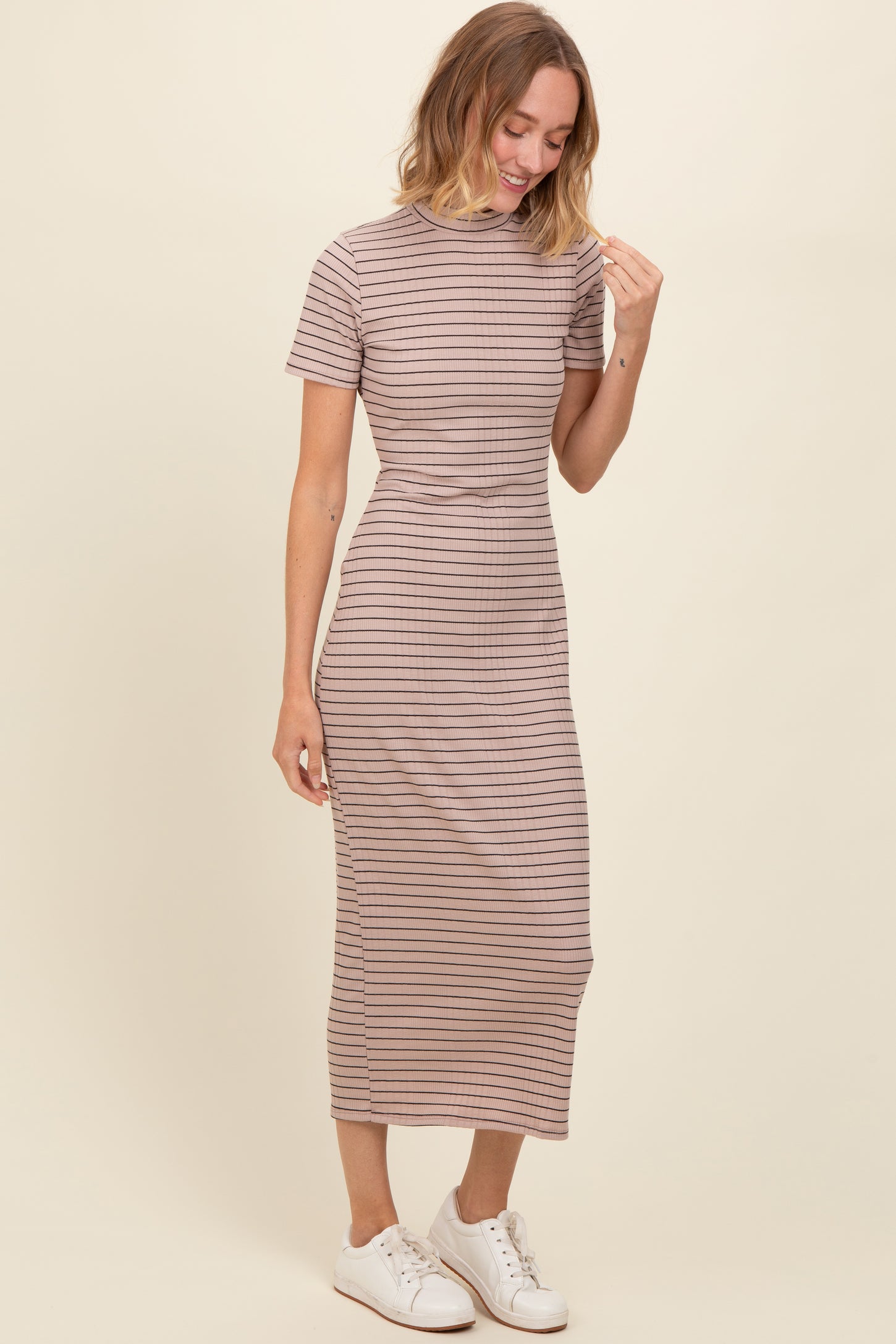 Beige Striped Mock Neck Fitted Midi Dress Beige Striped Mock Neck Fitted Midi Dress