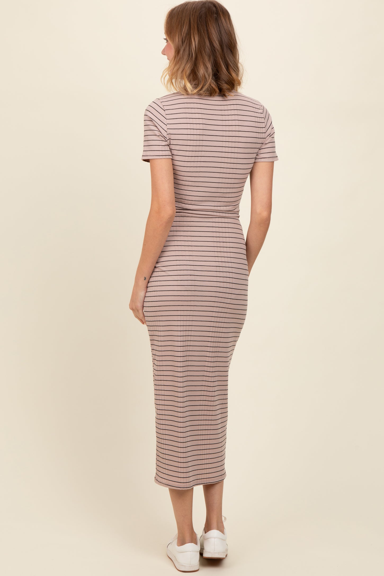 Beige Striped Mock Neck Fitted Midi Dress Beige Striped Mock Neck Fitted Midi Dress