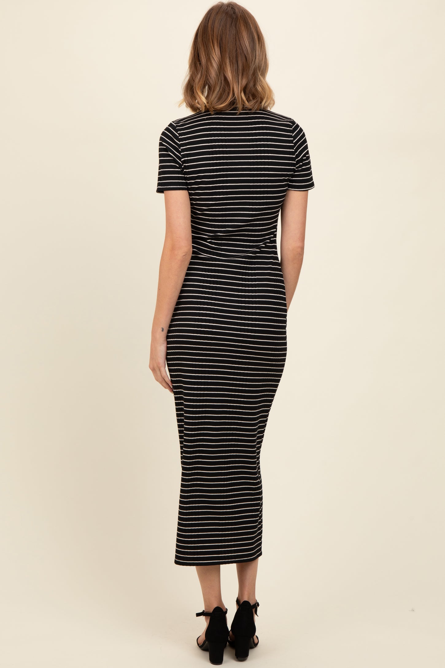 Black Striped Mock Neck Fitted Midi Dress Black Striped Mock Neck Fitted Midi Dress