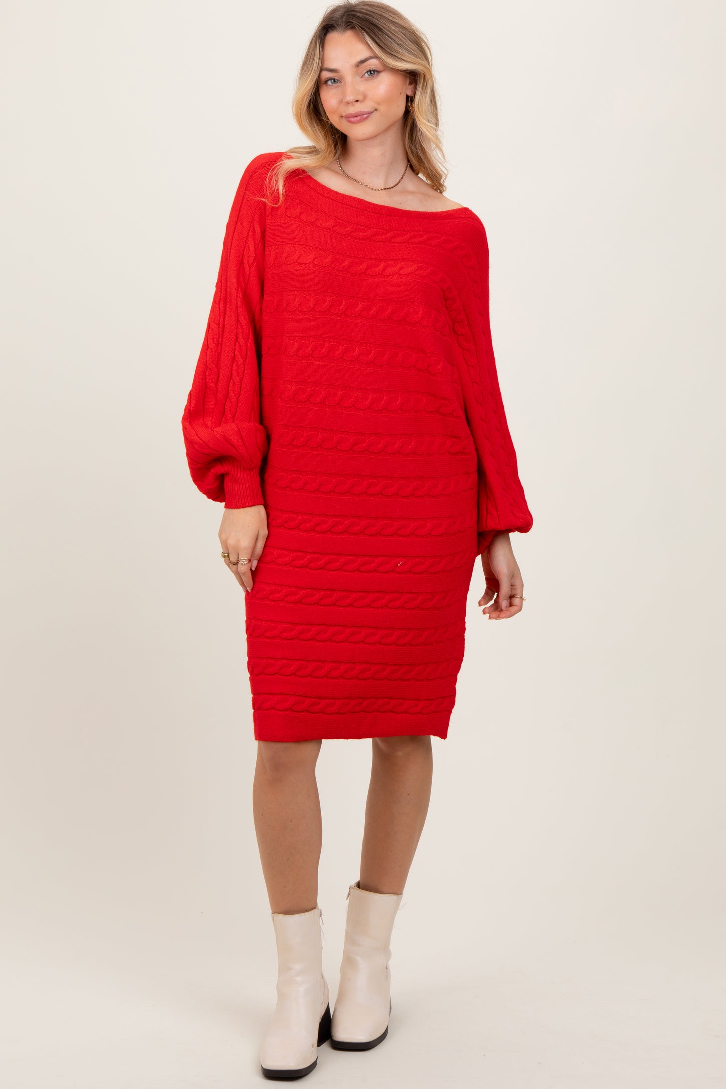 Red Cable Knit Dolman Sleeve Sweater Mini Dress Red Cable Knit Dolman Sleeve Sweater Mini Dress