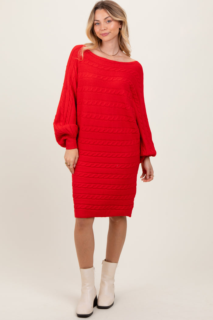 Red Cable Knit Dolman Sleeve Maternity Sweater Mini Dress