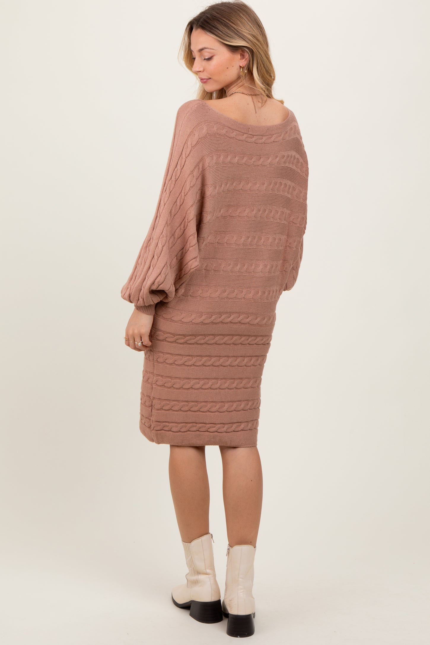 Light Taupe Cable Knit Dolman Sleeve Sweater Mini Dress
