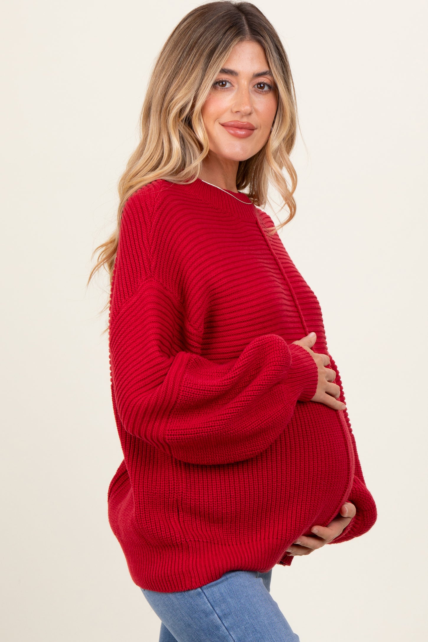 Red Chunky Knit Contrast Rib Maternity Sweater