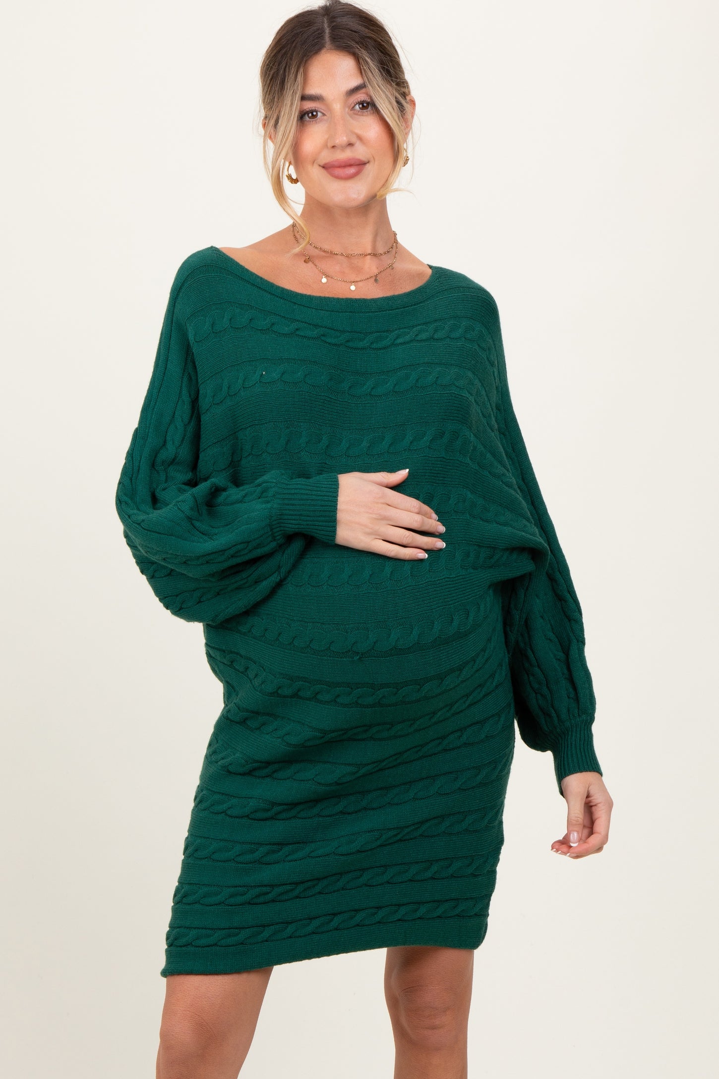 Hunter Green Cable Knit Dolman Sleeve Maternity Sweater Mini Dress PinkBlush Hunter Green Cable Knit Dolman Sleeve Maternity Sweater Mini Dress PinkBlush