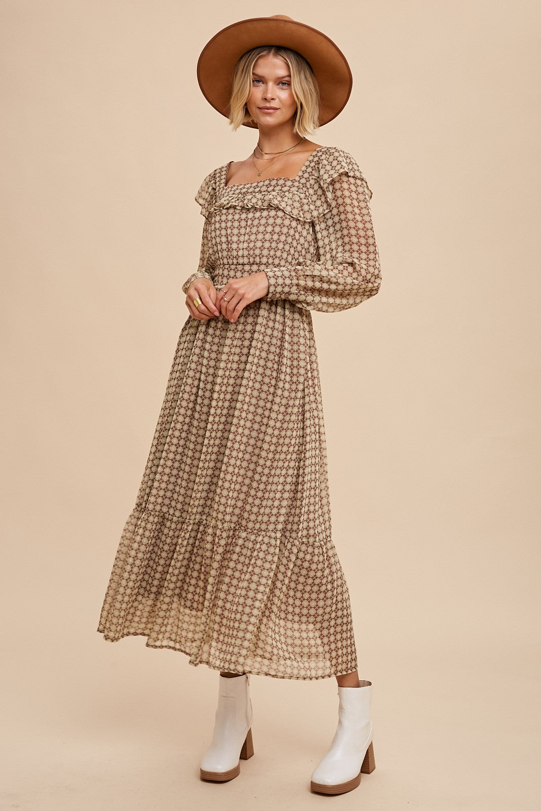 Brown Geometric Print Square Neck Midi Dress