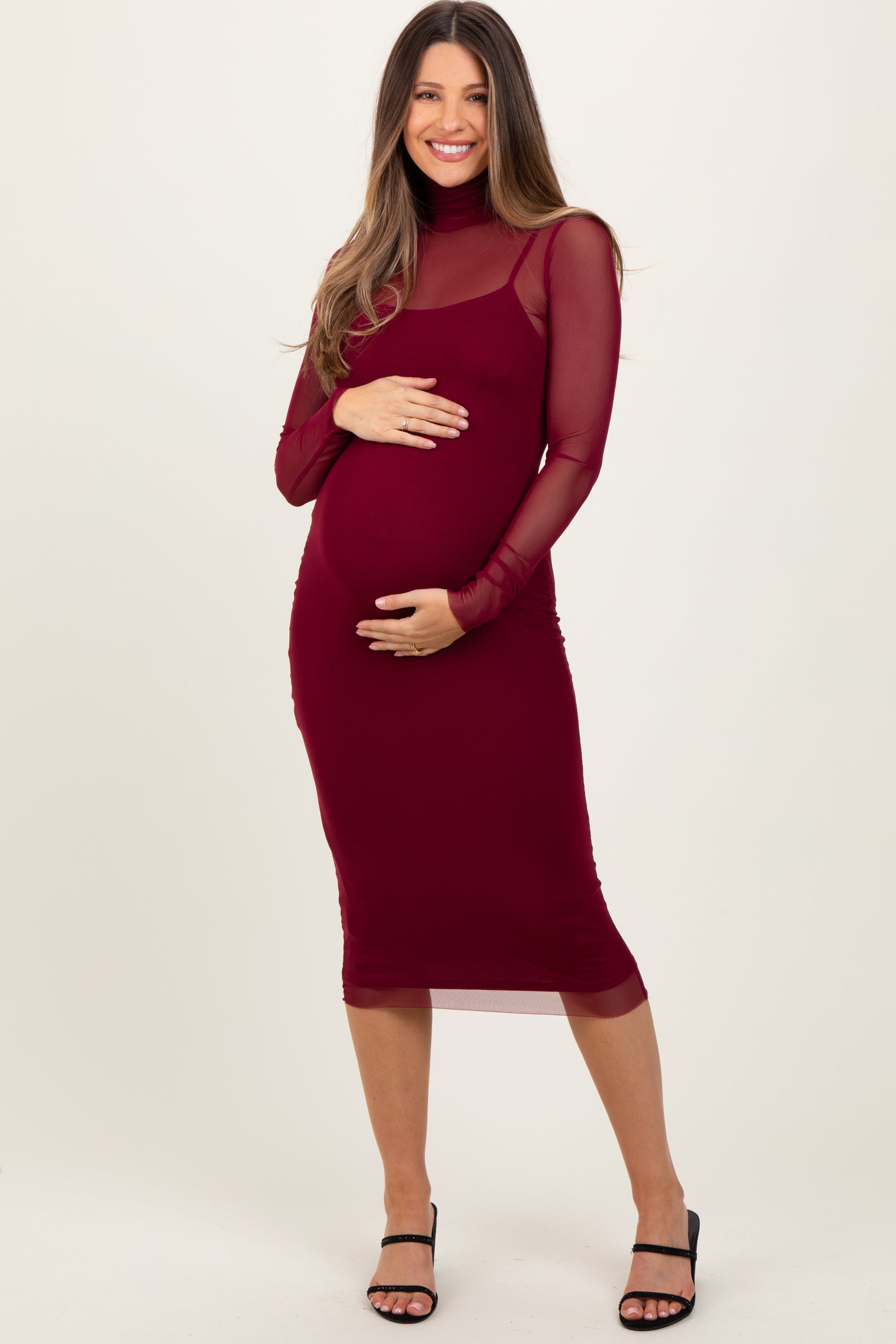 Burgundy Mesh Overlay Fitted Maternity Midi Dress – PinkBlush