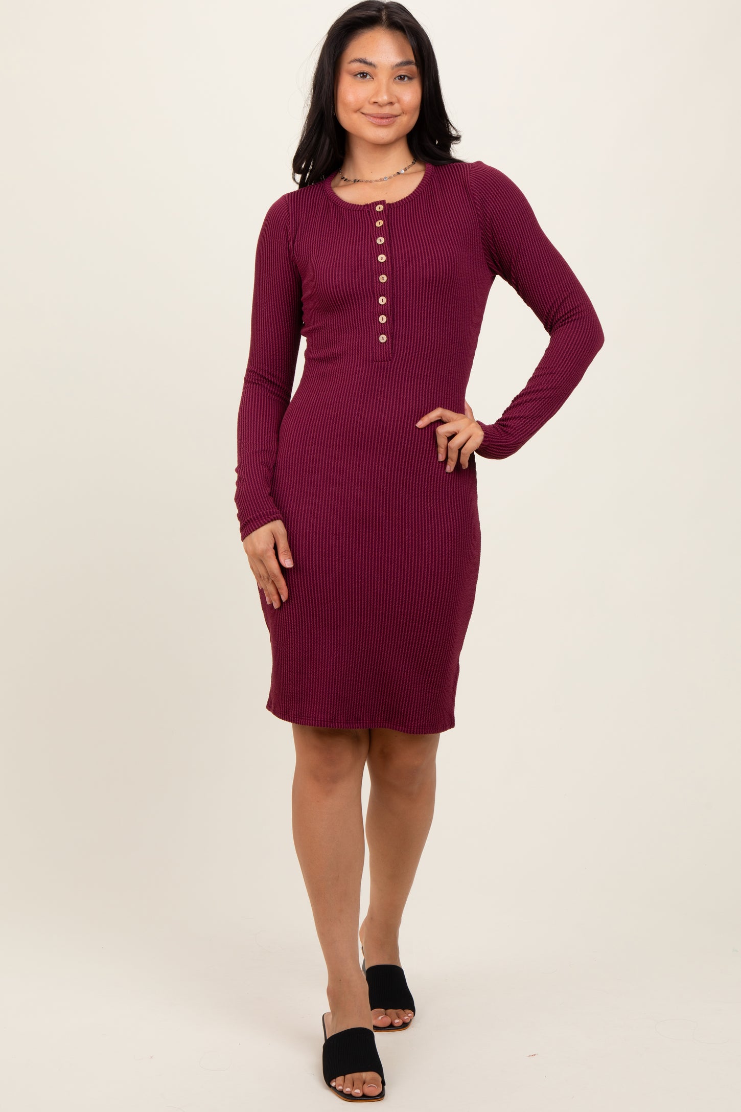 Burgundy Ribbed Long Sleeve Half Button Up Fitted Dress PinkBlush Burgundy Ribbed Long Sleeve Half Button Up Fitted Dress PinkBlush