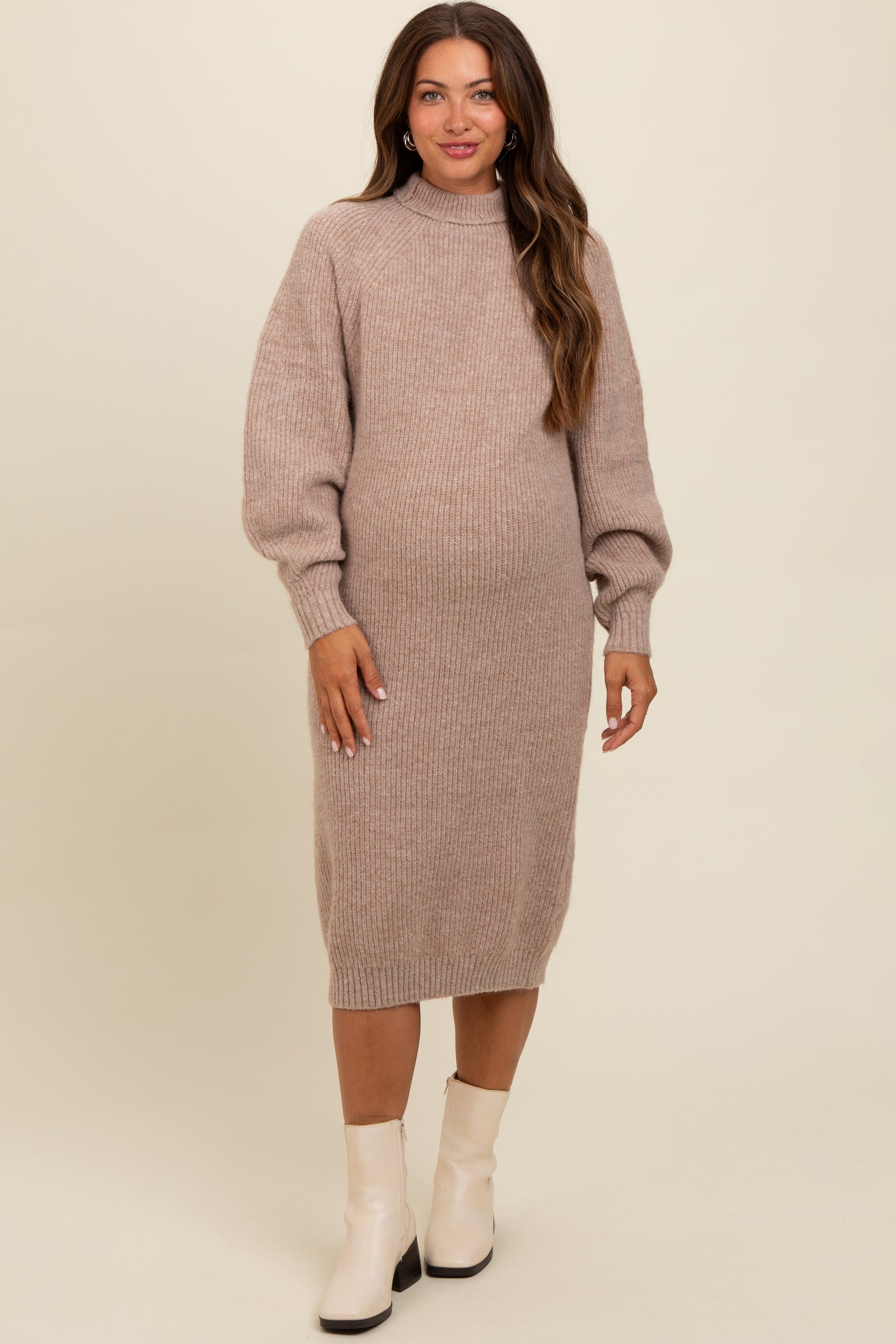 Beige Mock Neck Bubble Sleeve Maternity Midi Sweater Dress Beige Mock Neck Bubble Sleeve Maternity Midi Sweater Dress