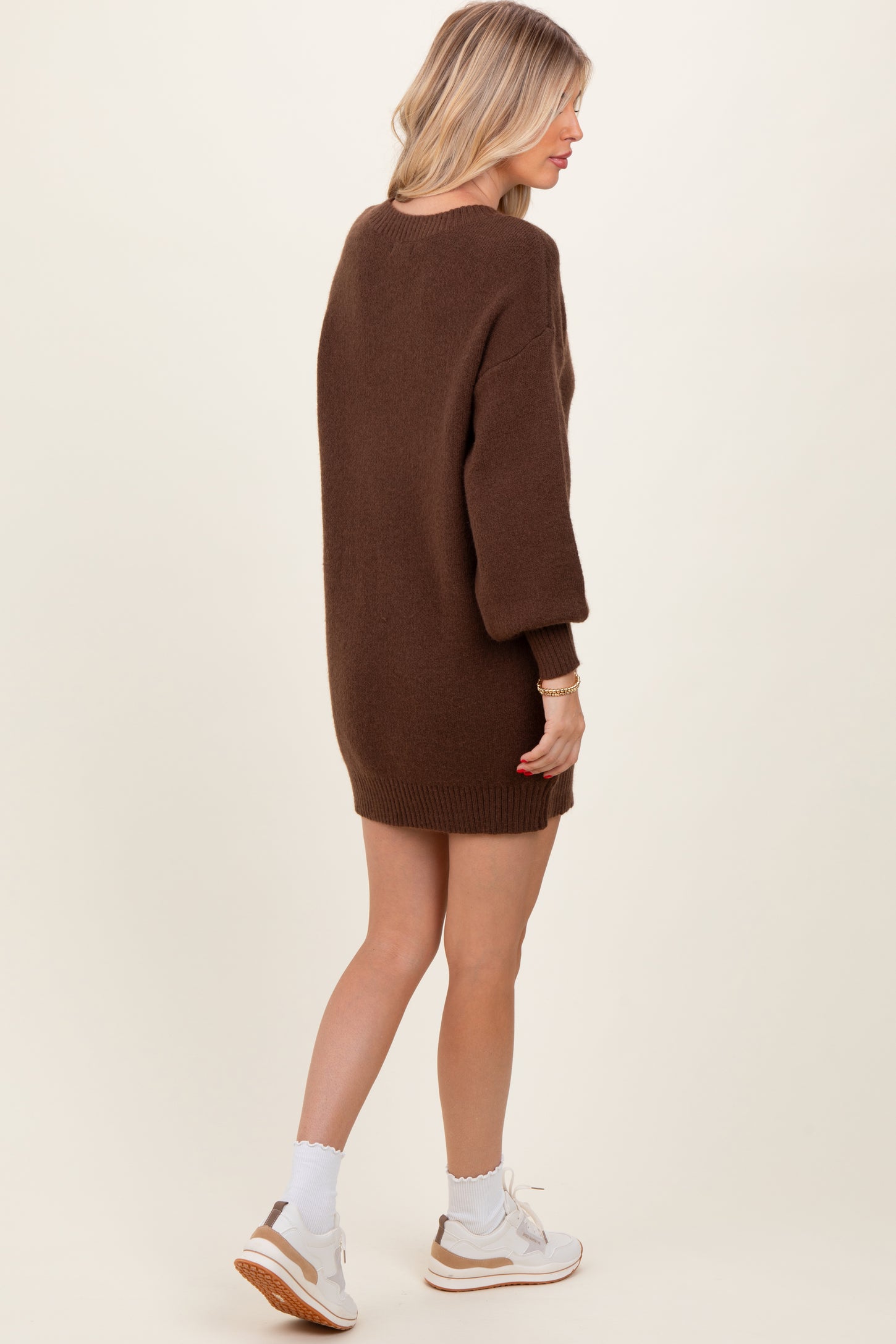 mini brown sweater dress Brown Half Button Up Mini Sweater Dress
