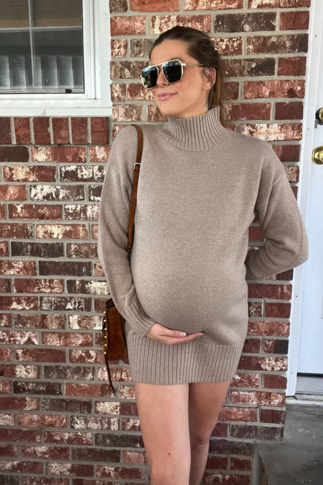 Light Taupe Turtle Neck Maternity Mini Sweater Dress