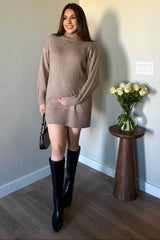Light Taupe Turtle Neck Maternity Mini Sweater Dress