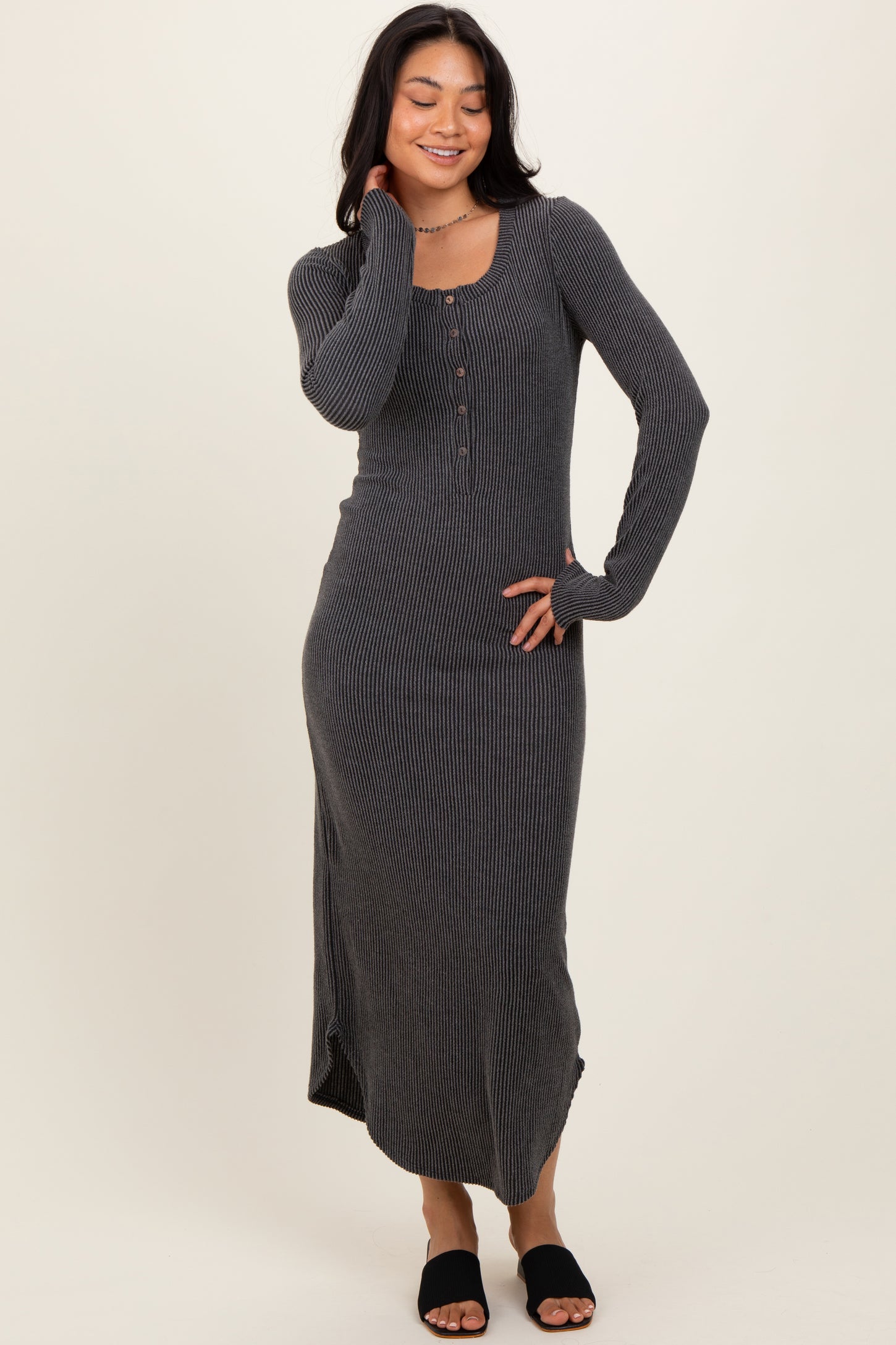 Charcoal Button Up Ribbed Knit Long Sleeve Maternity Midi Dress PinkBlush Charcoal Button Up Ribbed Knit Long Sleeve Maternity Midi Dress PinkBlush